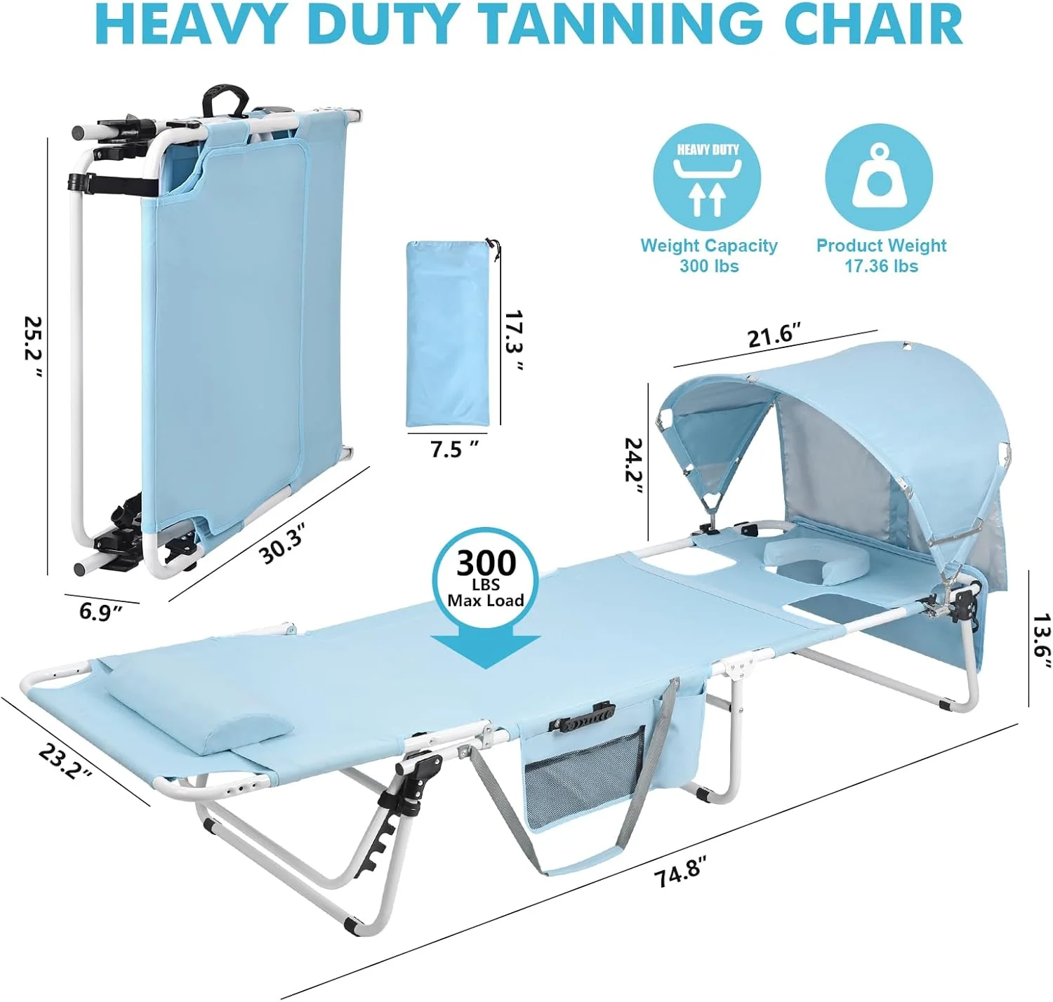 Tanning Chair with Sun Canopy Face Hole. Heavy Duty Folding Chaise Lounge Chair 5 Position Reclining for Adults Outside Reading Sunbathing Poolside Camping Beach. UPF 50+ Sun Shade. 300 LBS