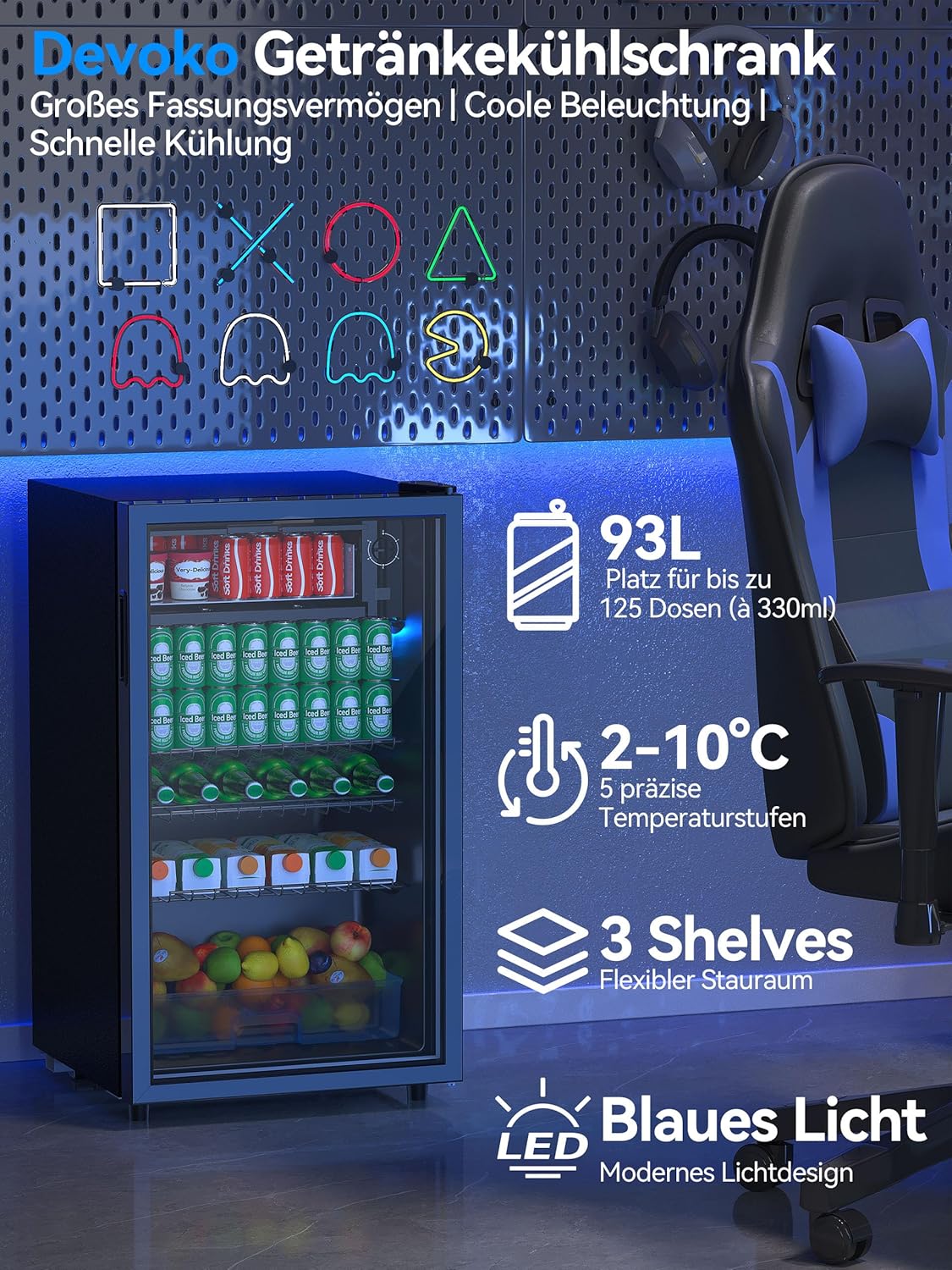 Devoko Getränkekühlschrank mit Glast,93L Minikühlschrank,mit RGB LED Lichtern,verstellbare Einlegeböden, Indoor/Outdoor,für zu Hause, Büro, Partys  und  Gastro,Minibar, Kühlschrank Schwarz