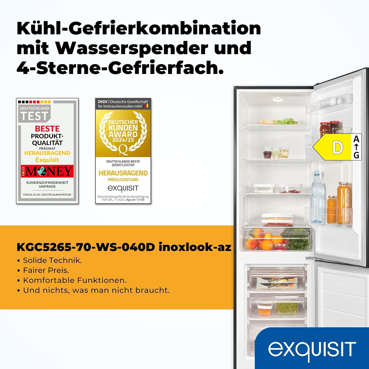 Exquisit Kühl-Gefrierkombination | 260 l Nutzinhalt, Energieklasse D, 40 dB(A) | Wasserspender mit Tank, elektronische Temperaturregelung, LED-Beleuchtung | KGC5265-70-WS-040D inoxlook-az