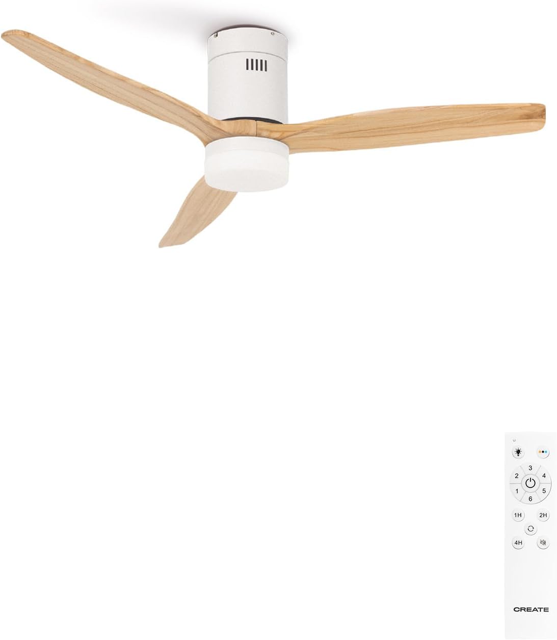 CREATE / WINDCALM M/Ventilateur de plafond ABS avec lumière et télécommande blanc pales effet bois clair / 40W, Silencieux, Ø132 cm, 6 vitesses, minuterie, été-hiver, double hauteur,