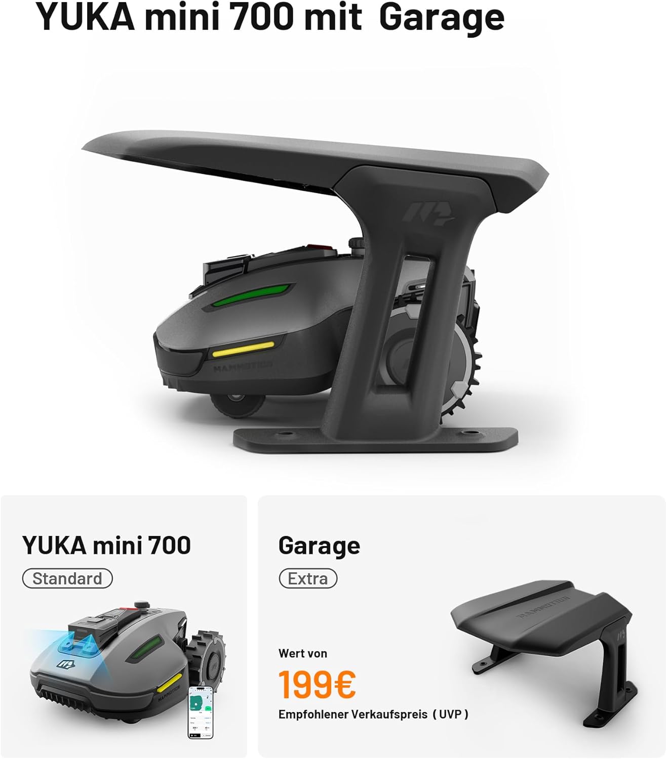 MAMMOTION YUKA Mini 700 Mähroboter ohne Begrenzungskabel, NetRTK+Vision, Keine RTK-Antenne erforderlich, Auto-Kartierung, Empf. 700m², Max. 1100m², mit 4G-Modul, 50% Steigung