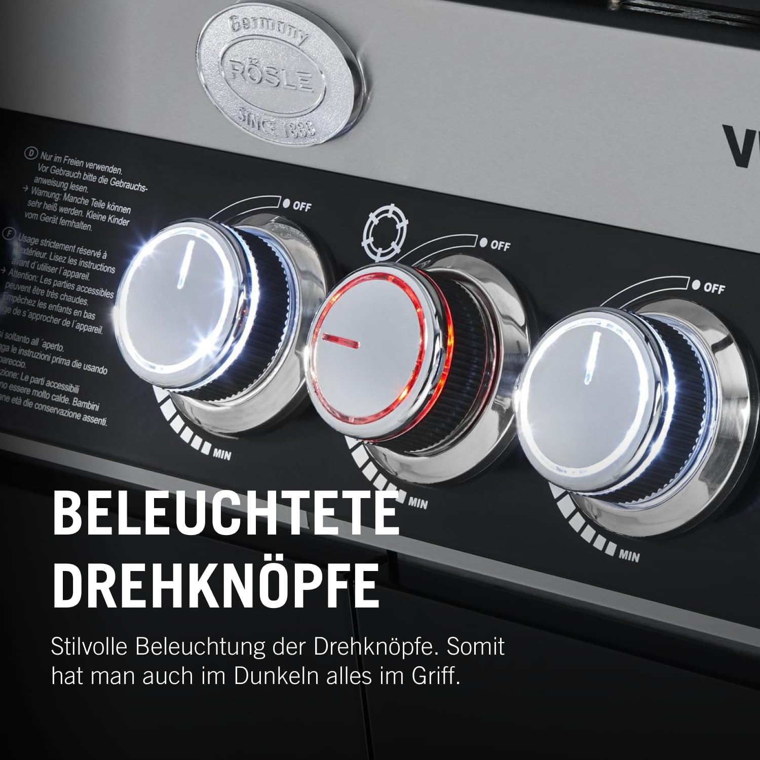 RÖSLE Elektrogrill BBQ-Portable Videro E2-P, tragbarer Tischgrill mit 2 Brennern, Warmhalterost und Deckel mit Glaseinsatz, pulverbeschichteter Stahl, schwarz/silbern