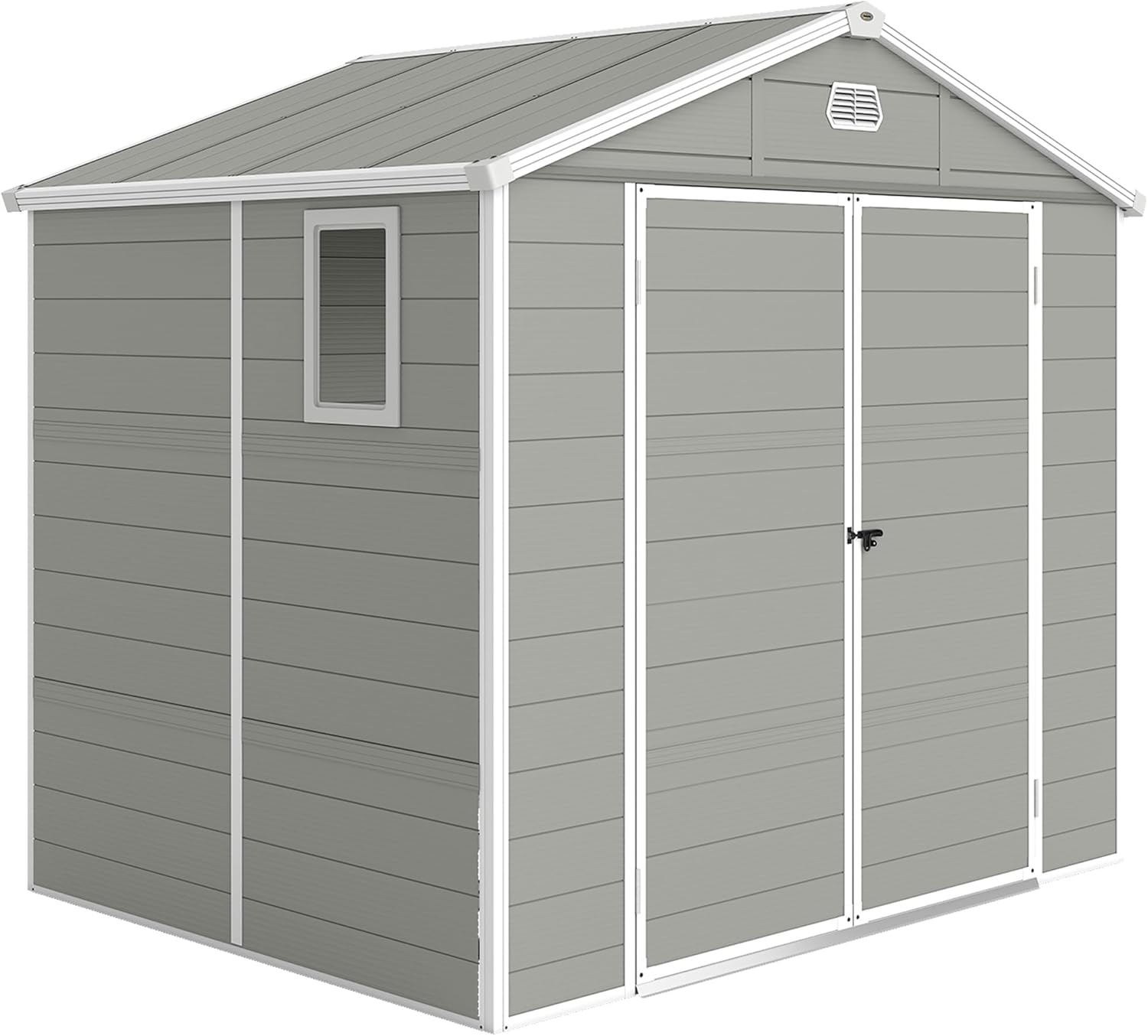 Outsunny Gerätehaus 4,1m² Geräteschuppen mit Satteldach, Kunststoff Gartenchuppen mit abschließbarer Tür, Belüftungsöffnung, Fenster und Fundament, Gartenhaus für Garten, 240 x 190 x 228 cm Hellgrau