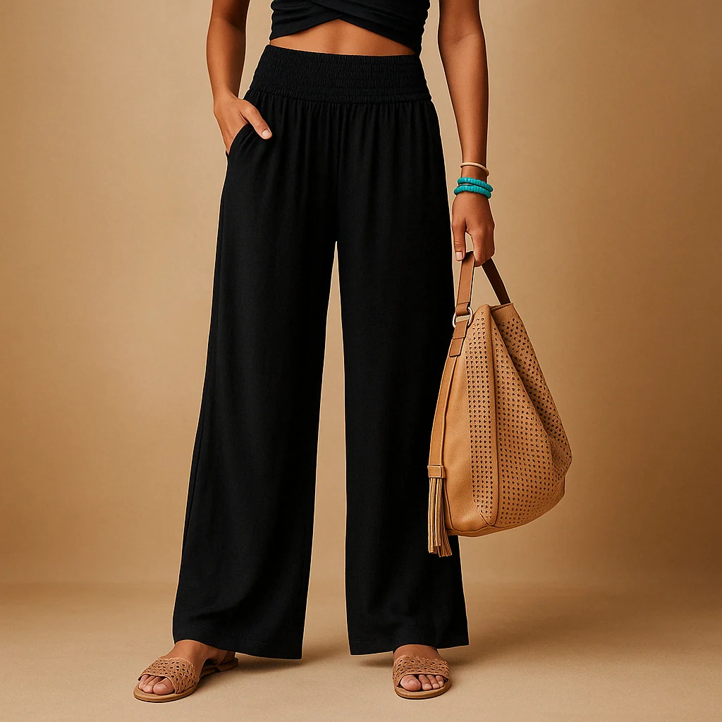 Damen Leinenhose mit elastischem Bund | Luftige Sommerhose aus Baumwolle-Leinen-Mix | Bequeme Stoffhose mit geradem Schnitt