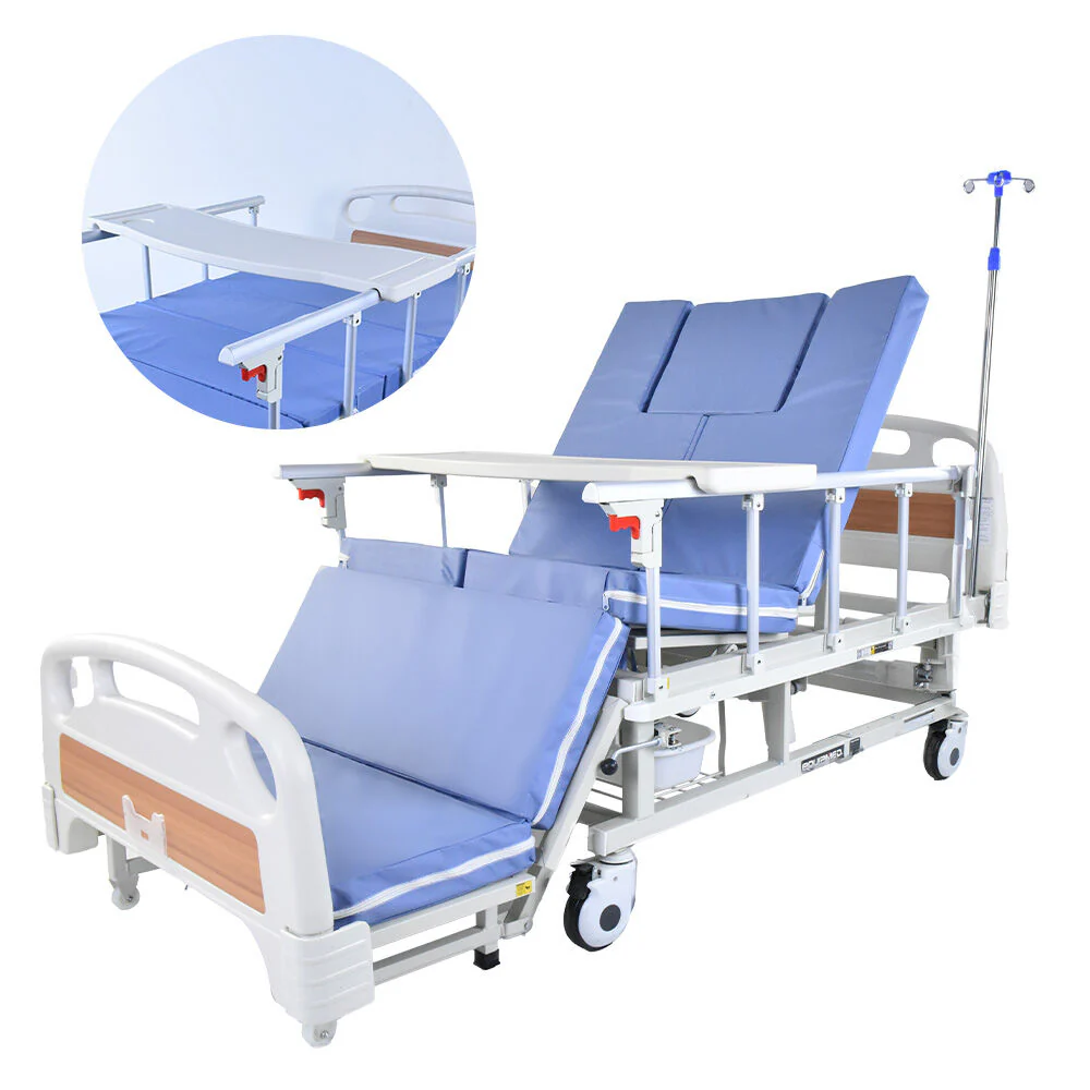 EQUIPMED Medical Bed, w/ Mattress & Over Bed Table, Back and Leg Lifting, Lateral Tilting, Commode Bowl, IV Pole, Home Aged Care or ICU Hospital