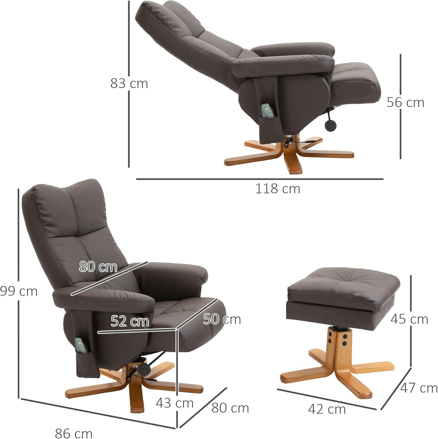 HOMCOM Relaxsessel mit Hocker, 360°drehbarer Fernsehsessel mit Massage, Liegefunktion, Massagesessel mit Seitentasche, TV-Sessel, Kunstleder für Wohnzimmer Braun