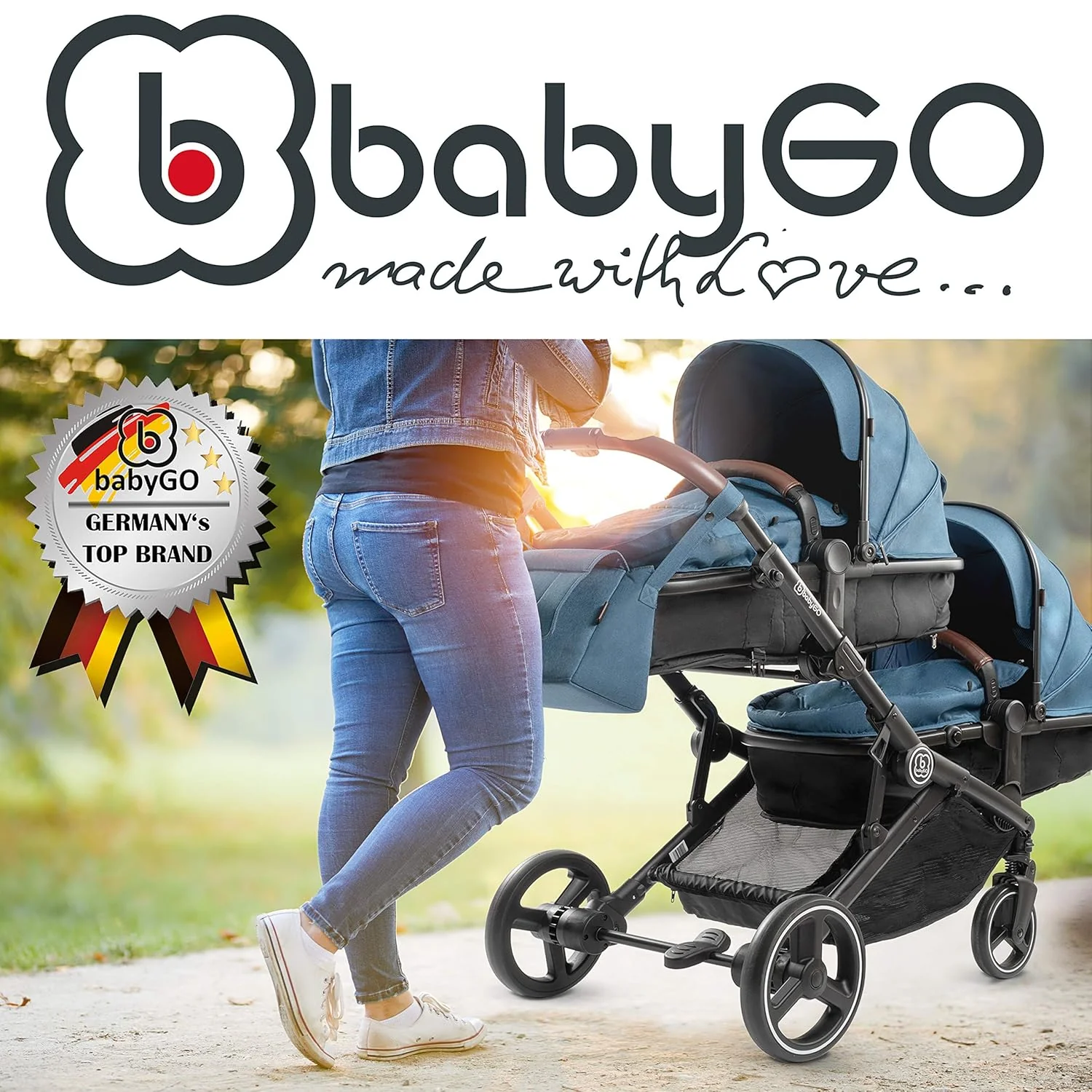 babyGO Kinderwagen 3-in-1 voor tweelingen - Duowandelwagen/tweelingwandelwagen voor baby's - Tweelingkinderwagen voor 2 kinderen met veel accessoires (blauw melange - zonder babyautostoel)