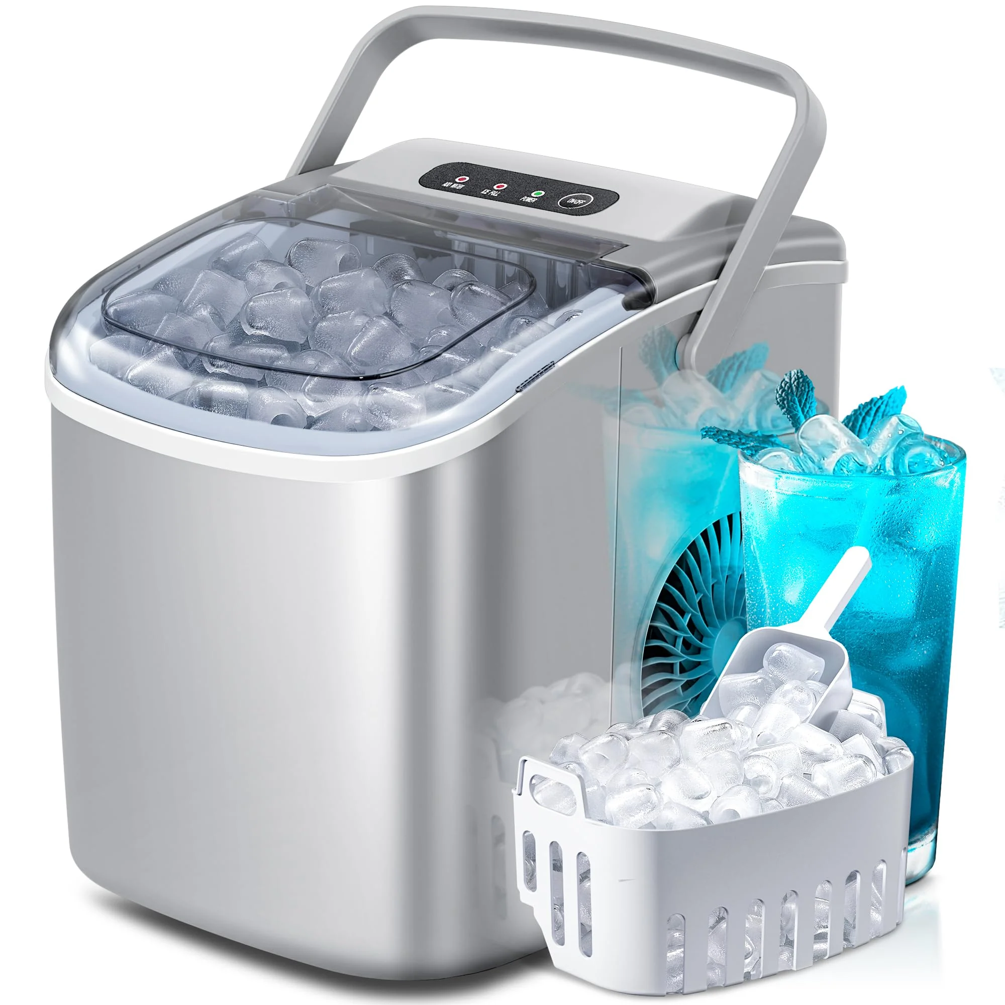 Crzoe Tisch-Eiswürfelmaschine mit Griff, 9 kugelförmige Eiswürfel in 6 Minuten, 11,8 kg/24 Stunden, Selbstreinigungsfunktion mit Eisschaufel und Korb für Zuhause/Küche/Partys (Grau)