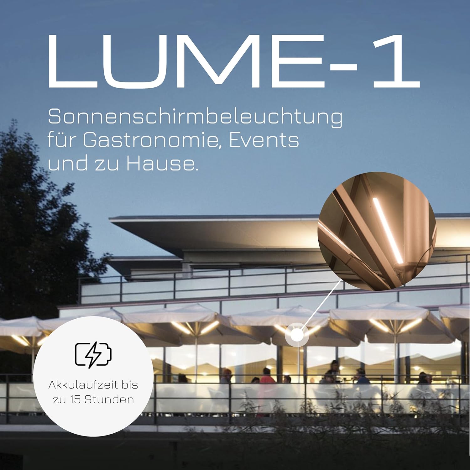Lume1 Sonnenschirmbeleuchtung mit Fernbedienung, Lampen für Gastronomie, 4 LED Leisten, warmweiß mit 1000 Lumen, 2700 Kelvin, angenehme Beleuchtung, Akku enthalten (smart 4er Set Mo2026)