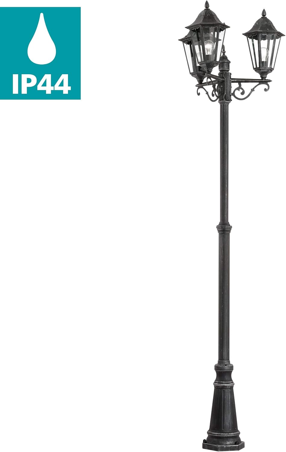 EGLO Außen-Stehlampe Navedo, 3 flammige Außenleuchte, Stehleuchte aus Aluguss und Glas, Farbe: Schwarz, silber-patina, Fassung: E27, H: 220 cm, IP44