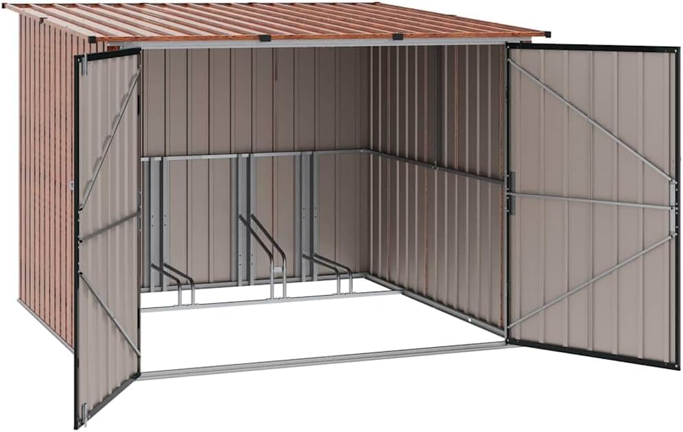 Fahrradschuppen 3 Stück Braun 215 x 206 x 157 cm Metall Gartenhaus Aufbewahrung Geräteschuppen Wetterfester Stauraum mit Sicherheitsschloss für Fahrräder und Zubehör