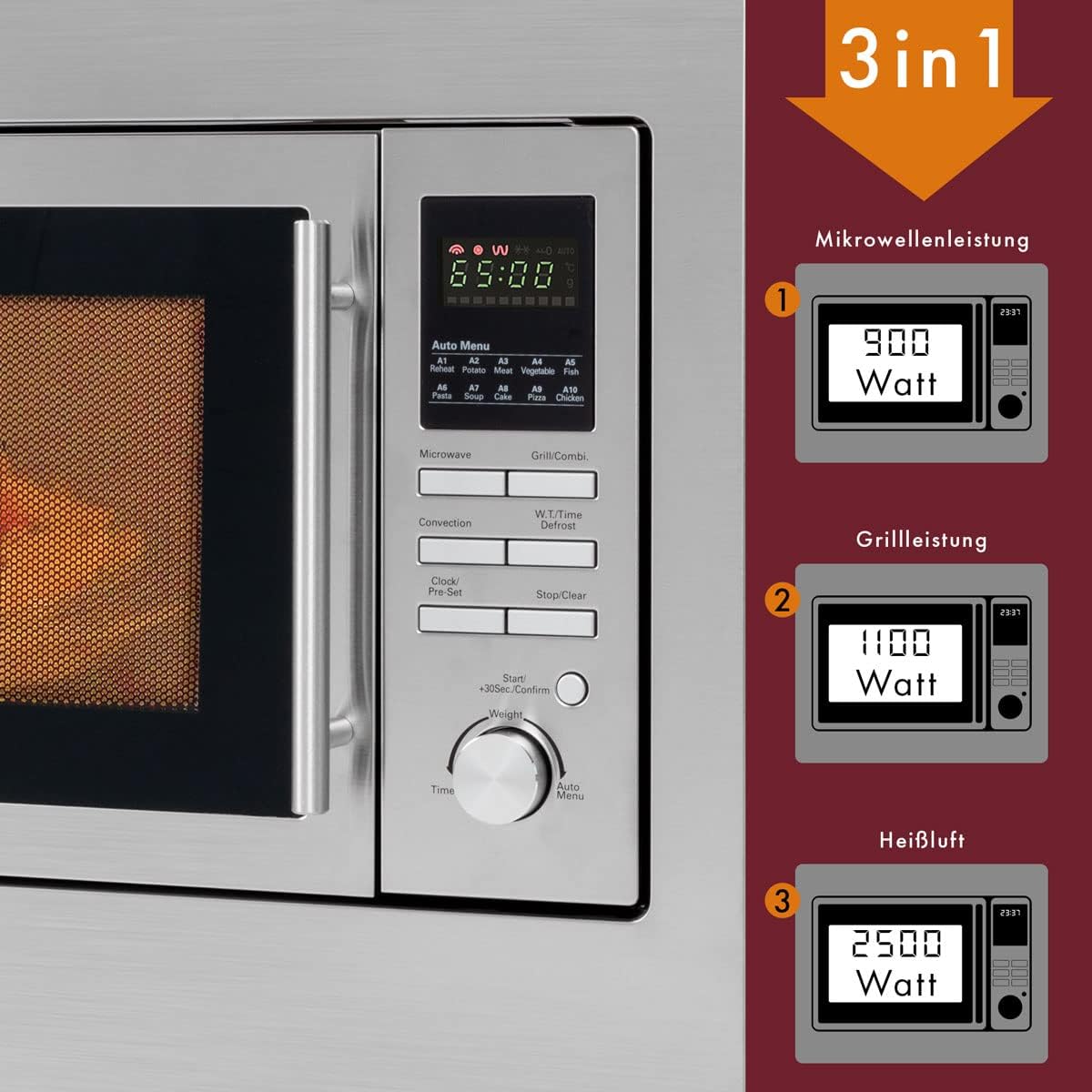 Bomann 3in1 Einbau-Mikrowelle mit Grill und Heißluft, Microwave, 25 L Garraum, 10 Automatikprogramme, Auftaufunktion, inkl. Grillrost und Drehteller (Ø 32 cm), 900 Watt, Edelstahl, MWG 2216 H EB