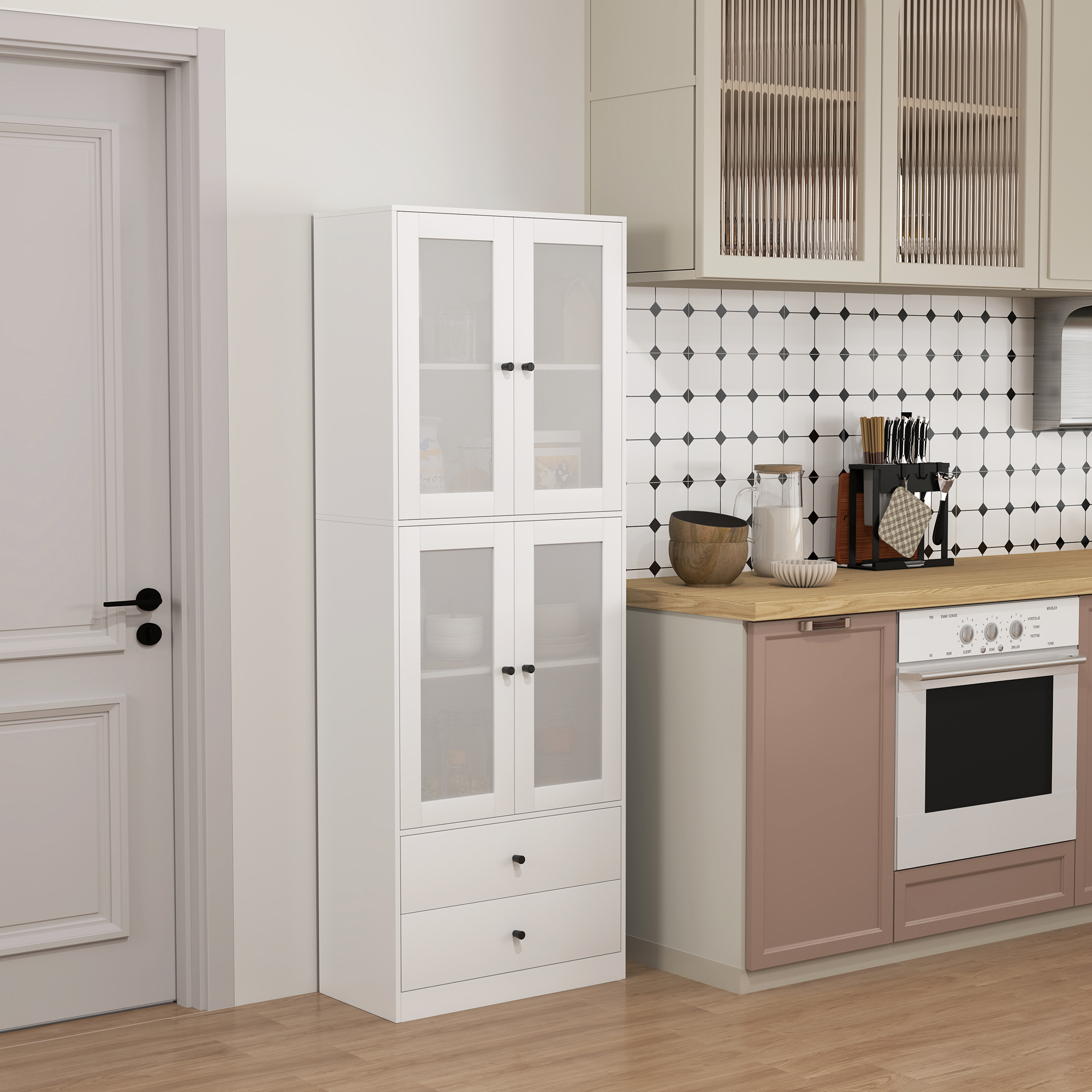 Keukenkast met Lades en Glazen Deuren, Melamine Oppervlak, Wit