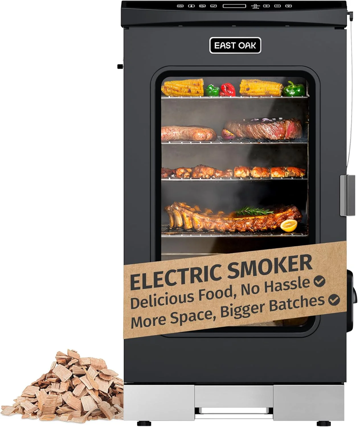 EAST OAK 30 Outdoor Electric Smoker | Built-in meat probe. smokes up to 6 times longer in a single load. side loader for uninterrupted smoking
