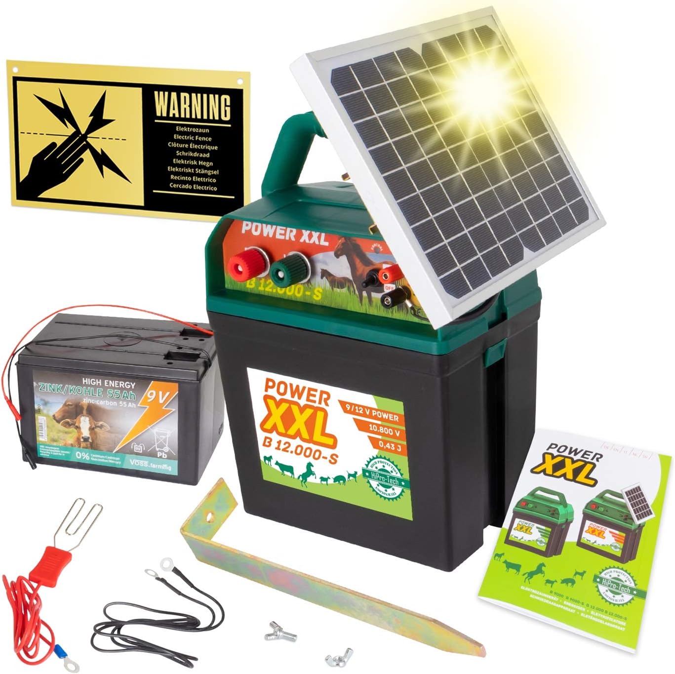 VOSS Power XXL B 12.000-S, 10.800V Starkes Solar-Weidezaungerät 9V 12V, inkl. 55Ah Batterie und Warnschild, Hocheffektives Solarmodul, Für Pferde, Ponys, Hund, Katze, Reiher, Rind, Schwein