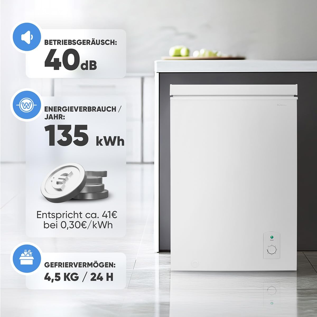 Bomann, 100L Gefriertruhe weiß GT7355 – 4 Sterne, Temperatur ≤ -18°C, Gefriervermögen 4,5 kg/24h, Kontrollleuchte, Temperatureinstellung, abnehmbar, Rollen, ideal für die Familie