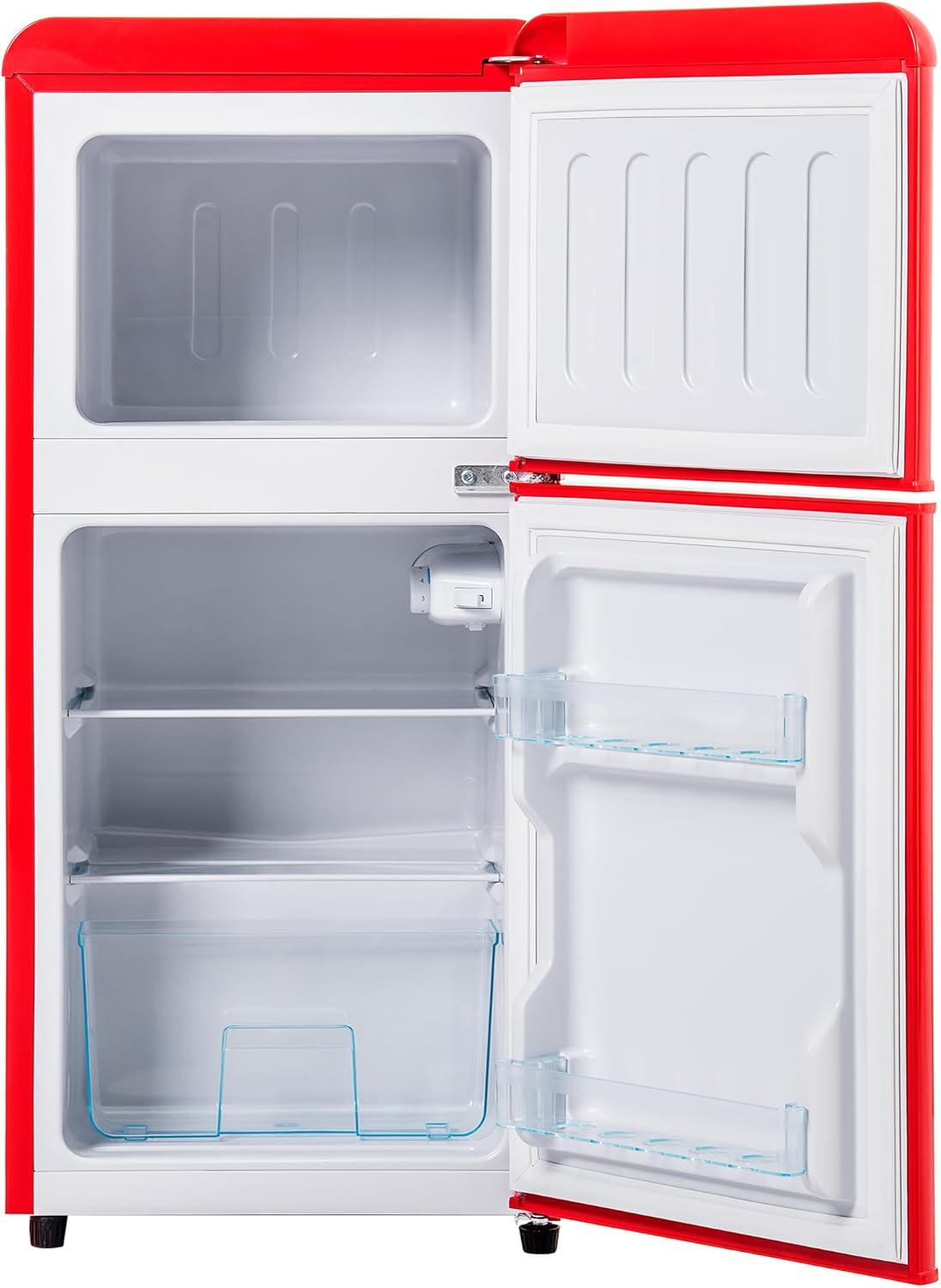 DRIXNO Retro-Kühlschrank Rot Gefrierkombination. 86,8 cm hoch, 45,5 cm breit, zweitürig, mit 60 Liter Gesamtvolumen, 22 Liter Gefriervolumen. 163 kWh/Jahr, -27°C ∽ 13°C, LED-Licht