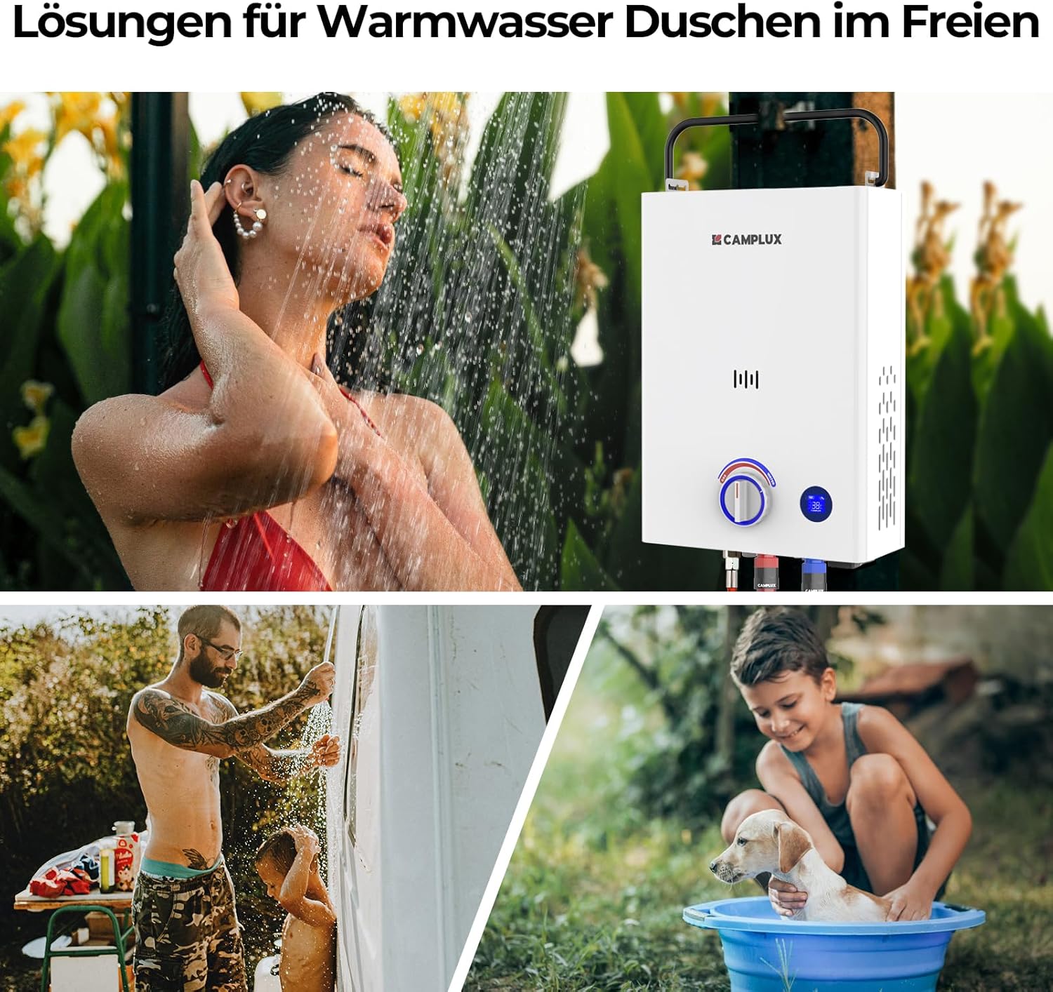 CAMPLUX 10 Liter Gasdurchlauferhitzer mit 3-stufig Verstellbarem Griff F10-DE, LPG, 50mbar, für Campingdusche/Wohnmobilausflug, Serie First