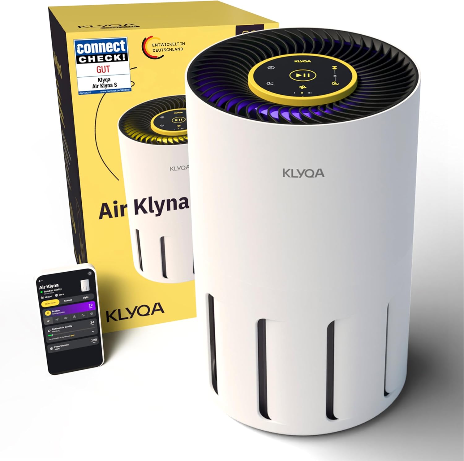Klyqa Luftreiniger Allergiker 360° HEPA-Filter Pet entfernt 99,99% der Tierhaare, Staub & Pollen I 300 CADR I 21,5Db Geräuscharmer Luftfilter I Smart Air purifier gegen Tierhaar I Server in DE