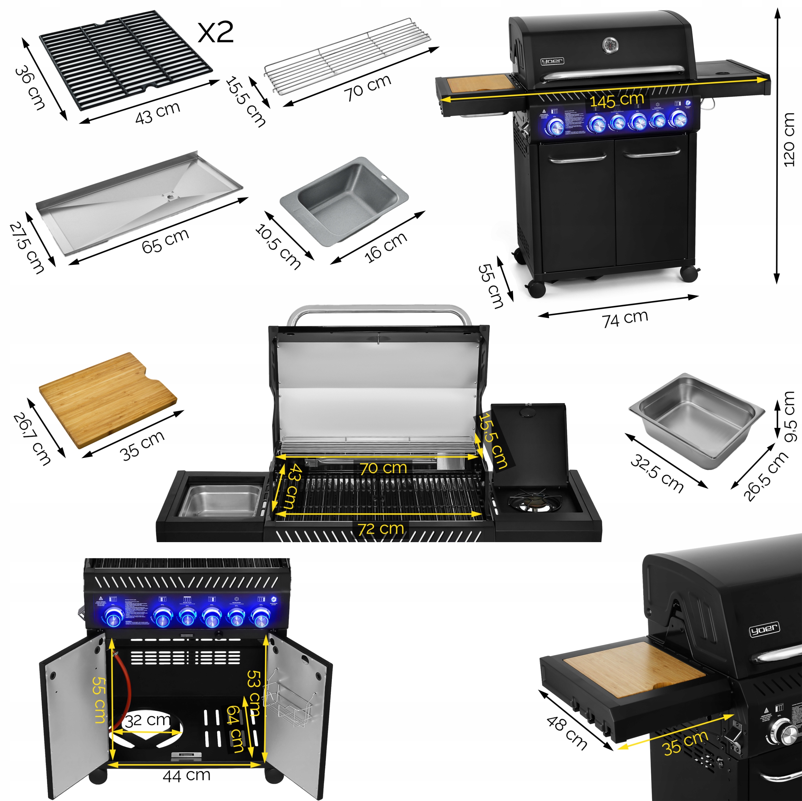 Grill gazowy Ogrodowy ŻELIWNY nierdzewny 4+2 Yoer 21,15 kW +szafka na butlę