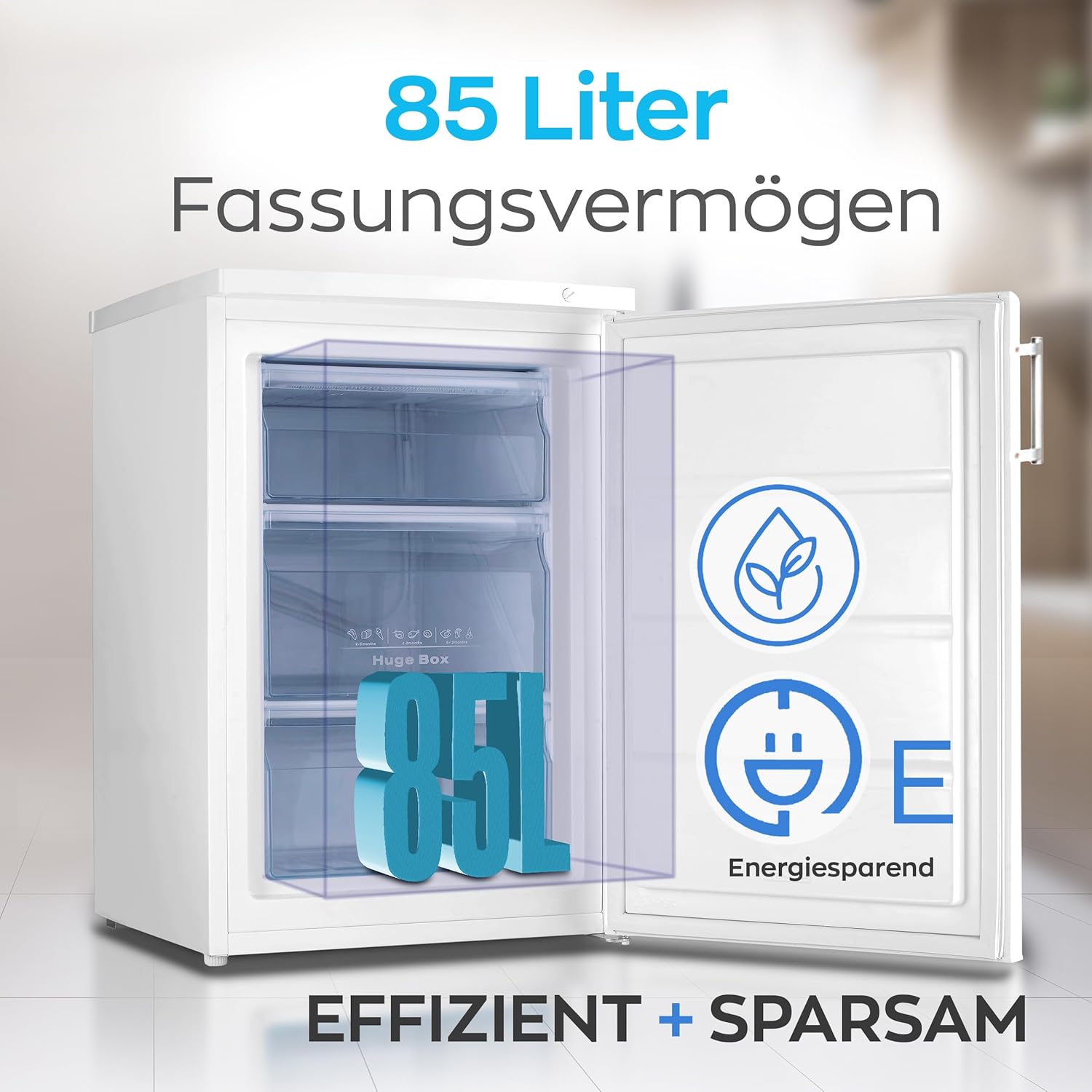 Heinrich´s Gefrierschrank 61Liter -18°C Freezer, 3x Gefrierschublade, 7 Stufen Temperaturregler, Airflow, wechselbarer Türanschlag weiß