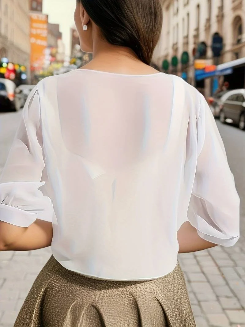 Transparente Damen-Bluse mit Bindeknoten und 3/4-?rmeln