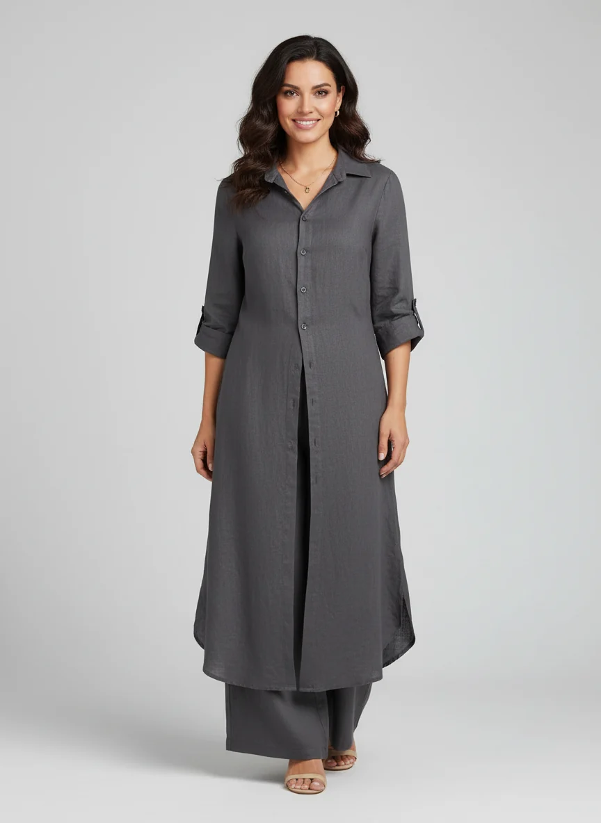 Leinen-Set Damen | Zweiteiler aus langer Bluse und weiter Hose | Luftiger Sommer-Zweiteiler f��r Damen | Atmungsaktiv & Bequem