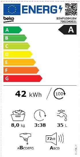Beko B5WFU58418W bPRO 500 freistehende Waschmaschine, Waschvollautomat, 8 kg, AquaTech, Schleuderwahl, 1400 U/min, Bluetooth, Dampffunktion, Hygiene+ allergikergeeignet, Weiß