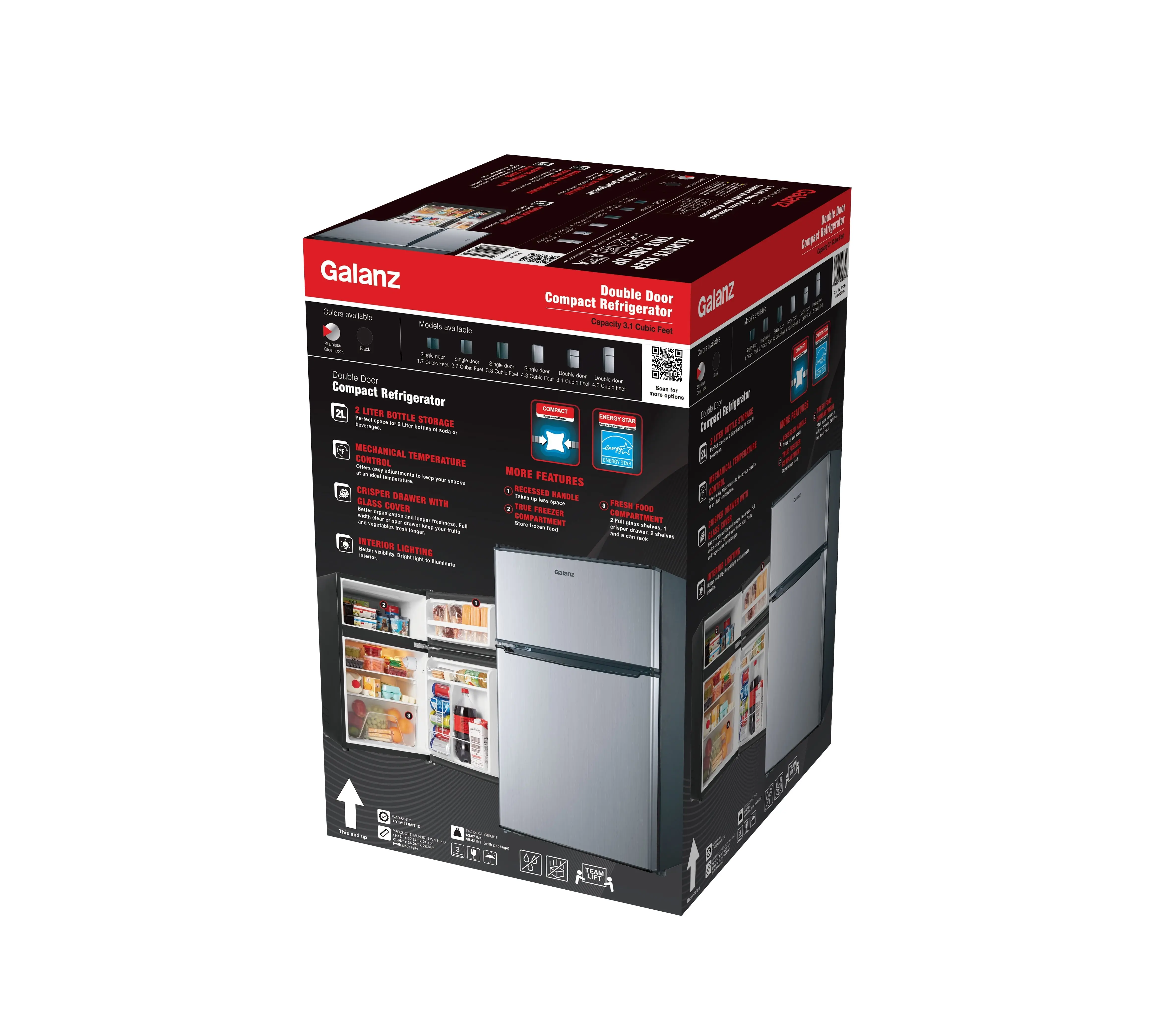 Galanz 3,1 Cu Ft Mini Koelkast met Twee Deuren en Vriezer, Roestvrij Staal, Estar, Nieuw