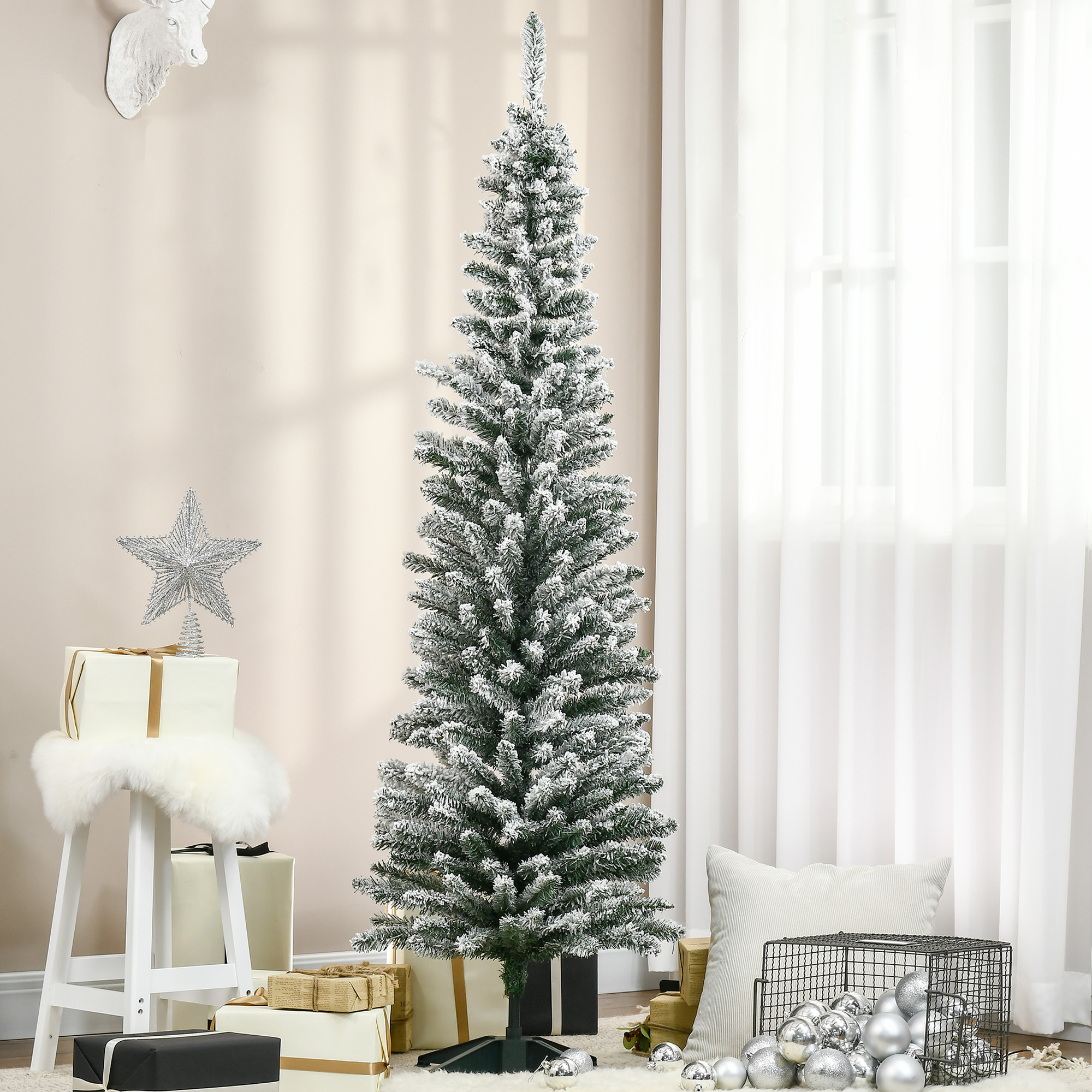 Kunstmatige Kerstboom, 210 cm, Besneeuwde PVC-Takken, Opvouwbaar, Metalen Standaard, Groen/Wit
