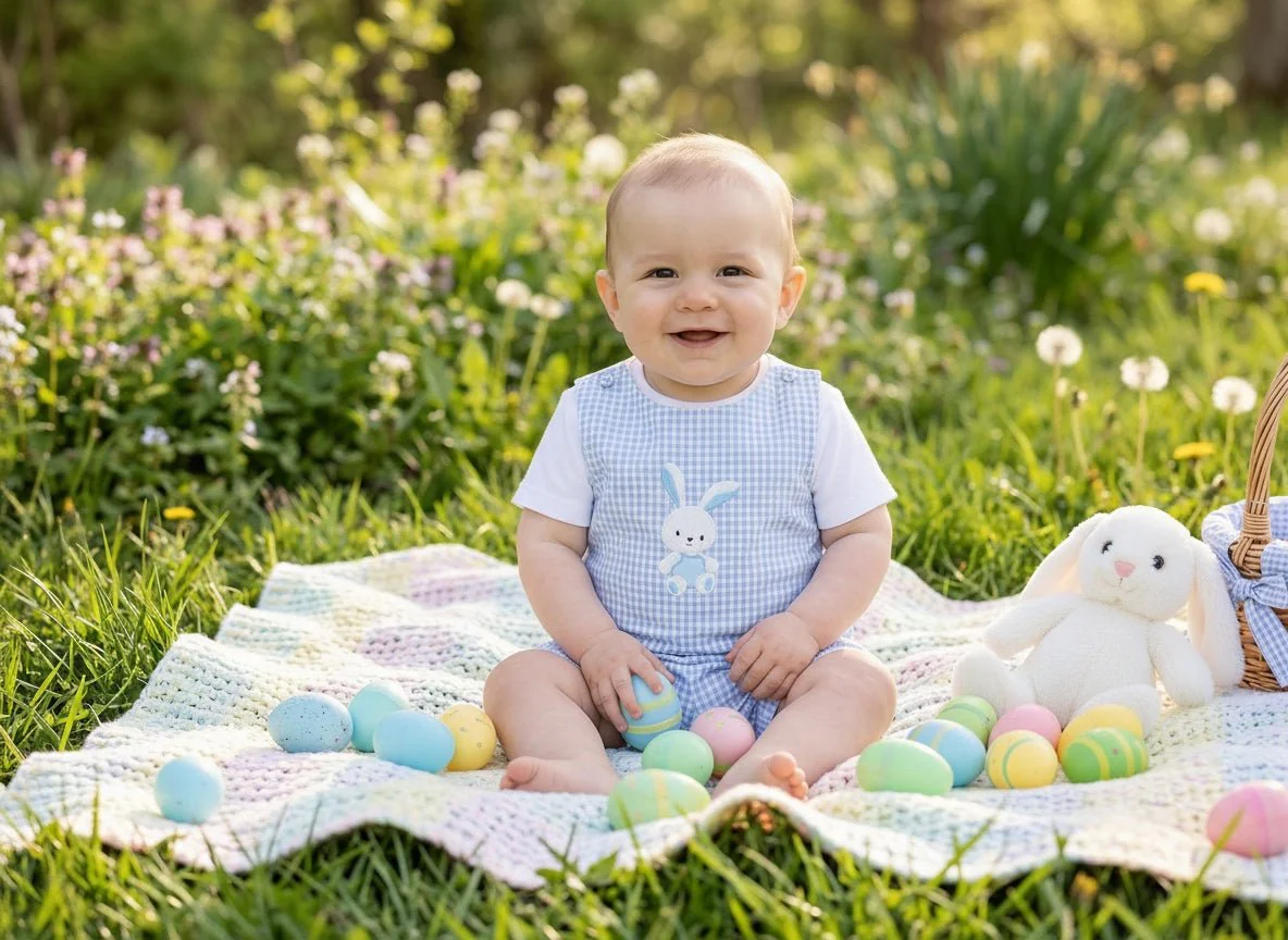 Light Blue Gingham Bunny Applique Shortalls