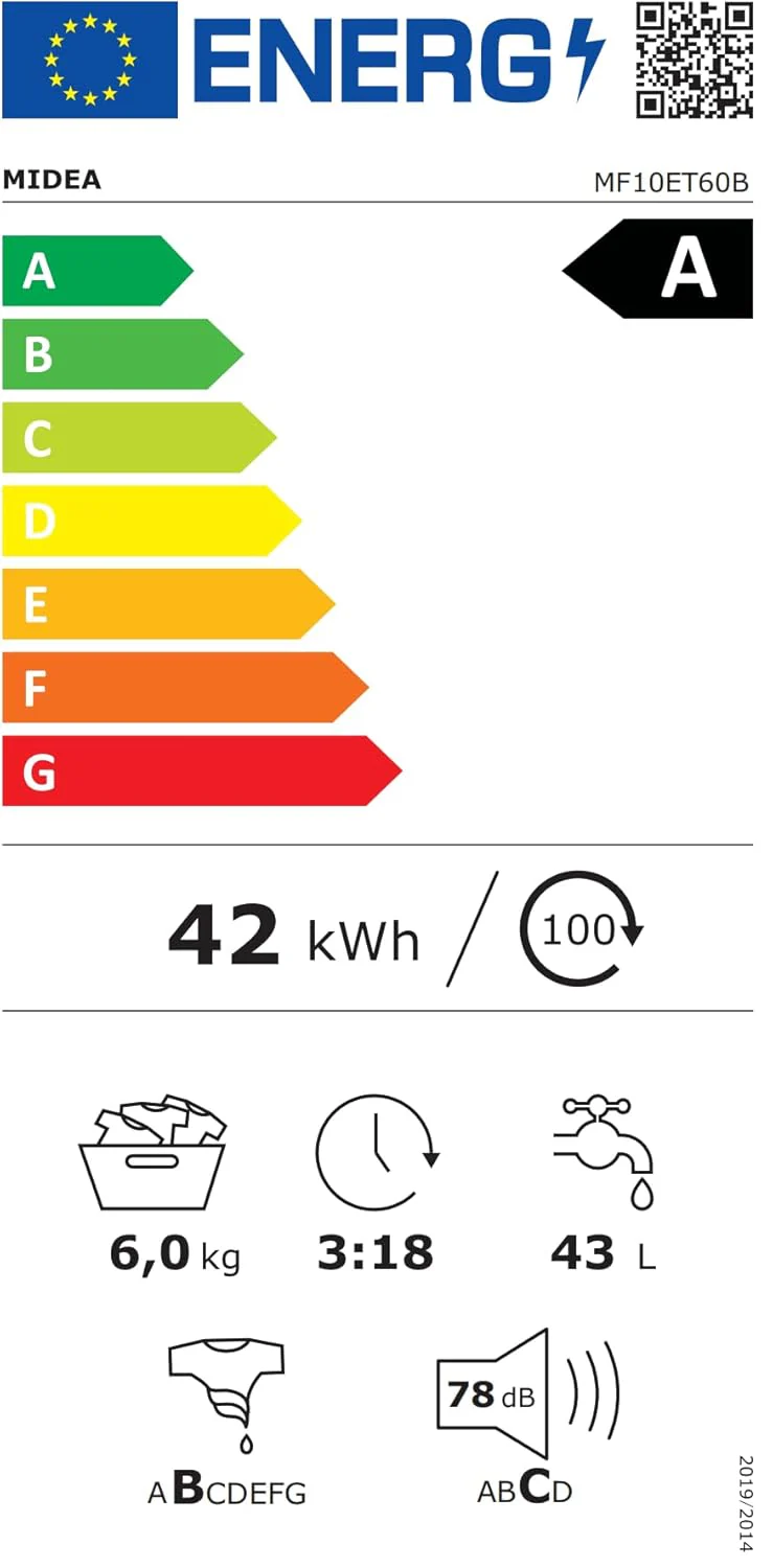 Midea bovenlader wasmachine MF10ET70B / 7KG / A / 1200 tpm/BLDC invertermotor/stoomfunctie/SoftOpener/XL deursopening/kort 15'&45' / meerdere temperatuuropties/AquaStop, wit