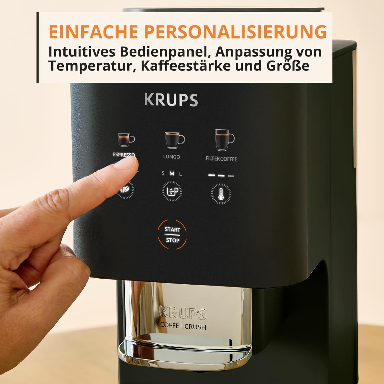 Krups Coffee Crush Extra Kaffeevollautomat, Edelstahlmühle für frisch gemahlenen Kaffee, nur 15 cm breit, smartes Bedienfeld, auch für vorgemahlenen Kaffee, einfache Reinigung, Schwarz, SA4028E0