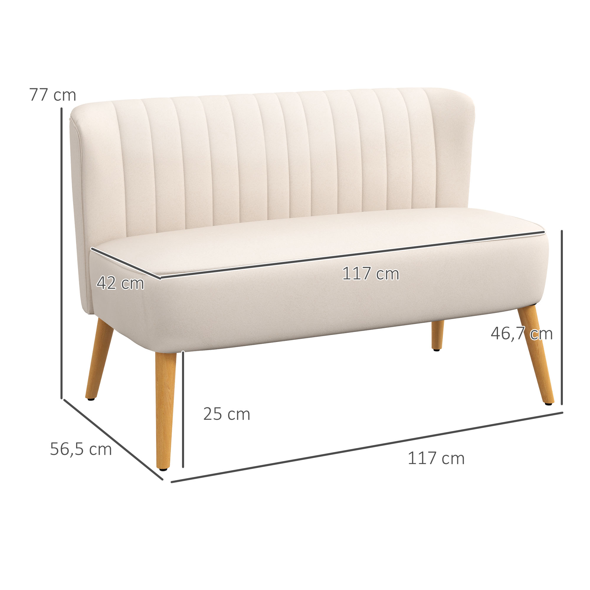 Sofa Retrodesign 2-zitsbank, houten poten, 117 cm x 56,5 cm x 77 cm, wit