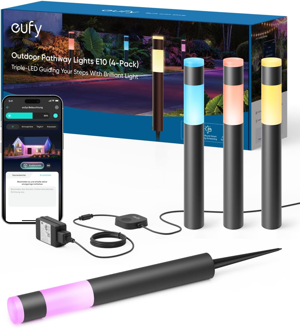 eufy Außen-Wegeleuchten E10, 4er-Pack, Smarte Verkabelte RGBWW LED Leuchten, IP65 wasserdich für Garten & Terrasse, Steuerbar mit Alexa & App, Endlose KI-Lichtthemen für Feste, Kamera-Integration
