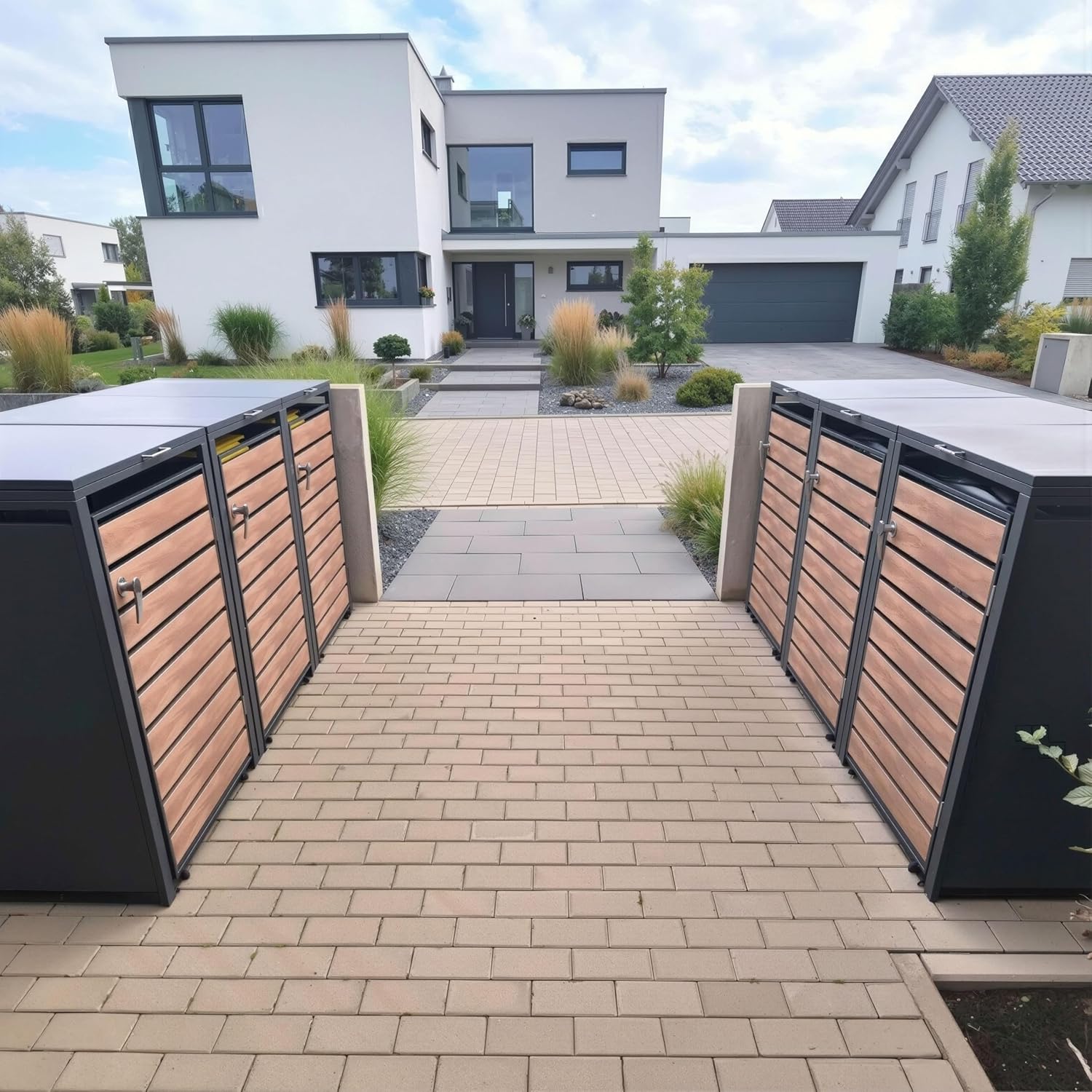 Metzler Mülltonnenbox in Anthrazit & Holzoptik 3er 240L, Mülltonnenverkleidung 3 Tonnen, witterungsbeständiger und pulverbeschichteter Stahl mit Automatikdeckel, abschließbar, Garten- und Müllbox
