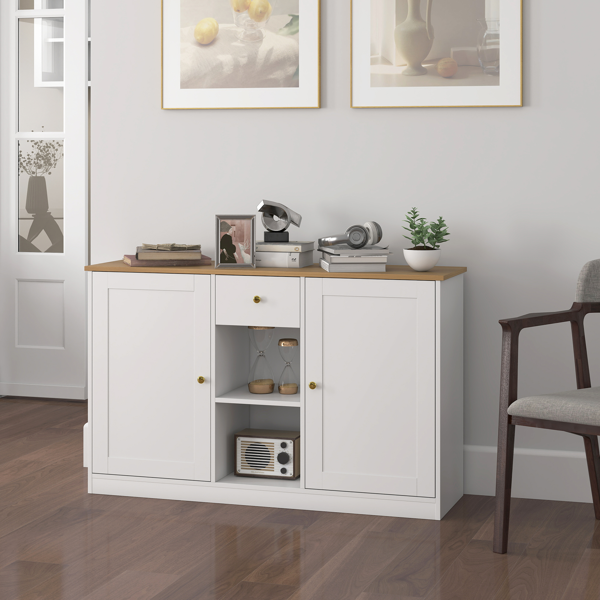 Keukenkommode, Sideboard met Lade, Kasten, Schappen, Spaanplaat, Wit