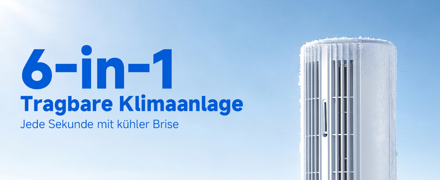 Der Text lautet „6-in-1 Tragbare Klimaanlage“ und „Jede Jahreszeit mit kühler Brise“. Weiße tragbare Klimaanlage vor blauem Himmelshintergrund.