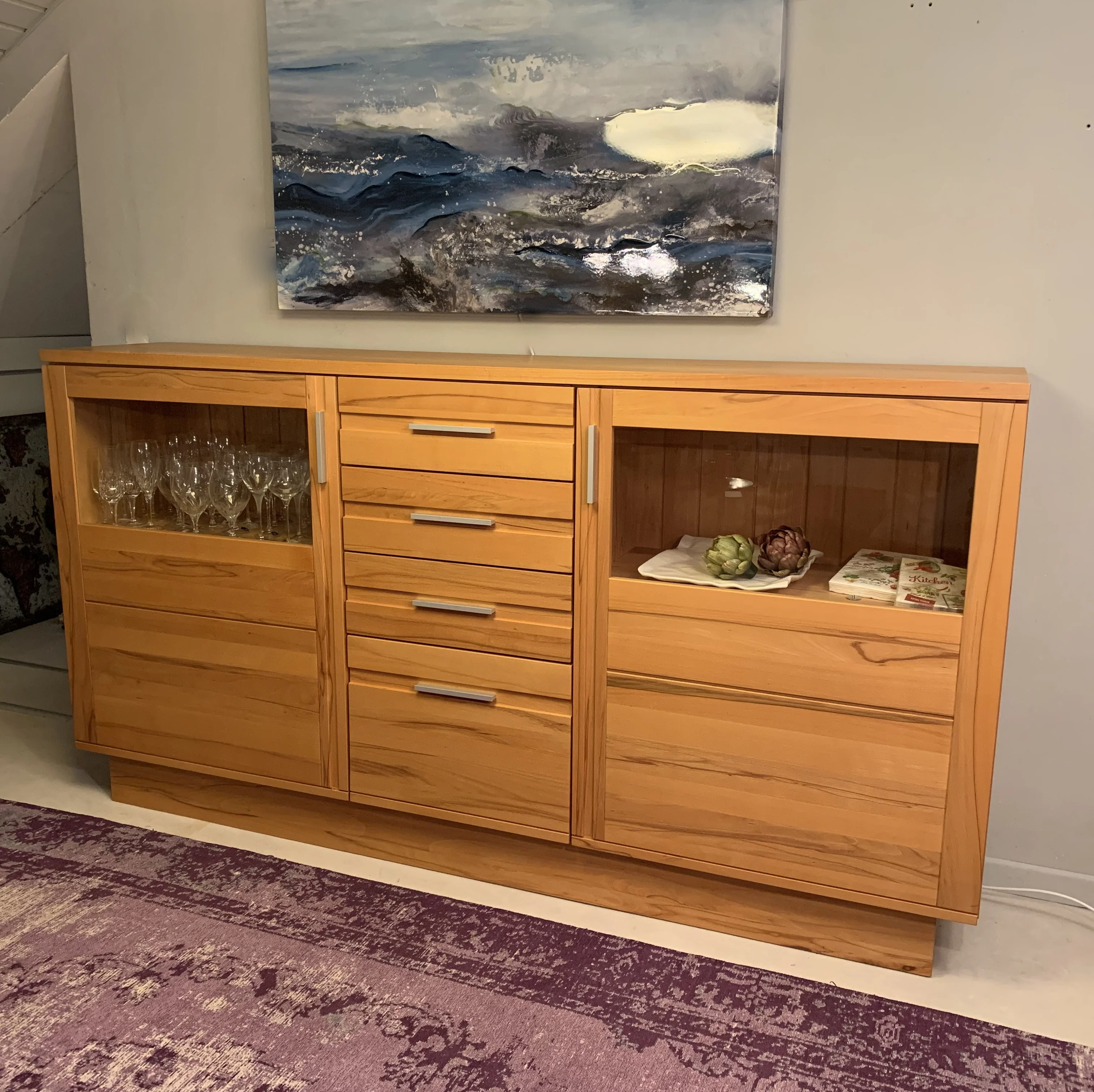 SALE! Modernes Landhaus Highboard mit Vitrine Kernbuche massiv 208x112x42cm Hochanrichte mit Schiebetüren und Beleuchtung