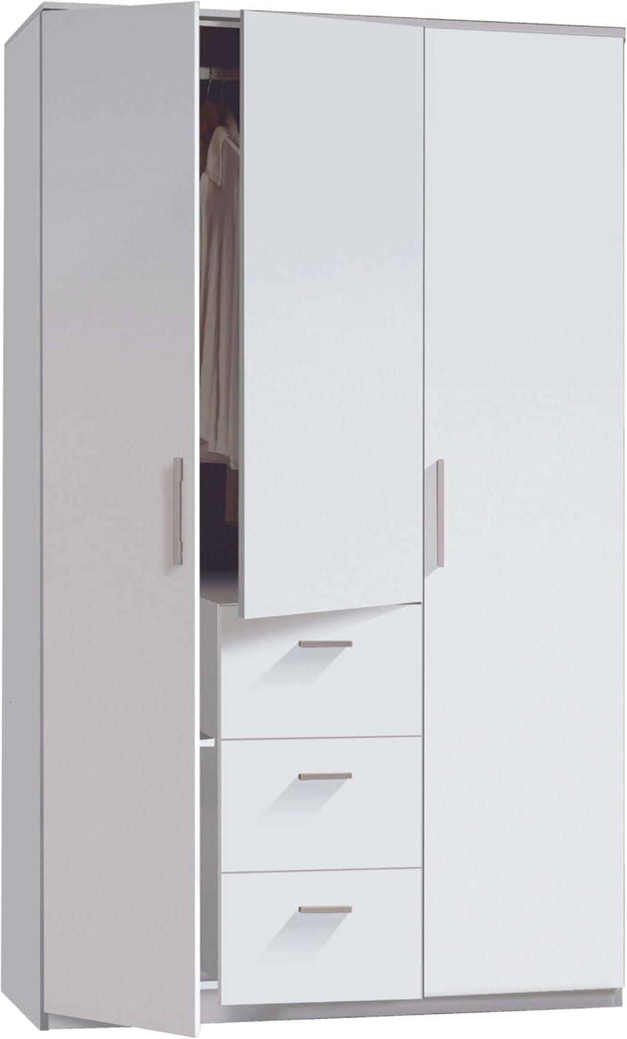 Habitdesign Armario Ropero 3 Puertas y 3 cajones, 203x117x52 (AltoxAnchoxFondo - en Cm), con Barra Colgadora y Estantes, Color Blanco Brillo