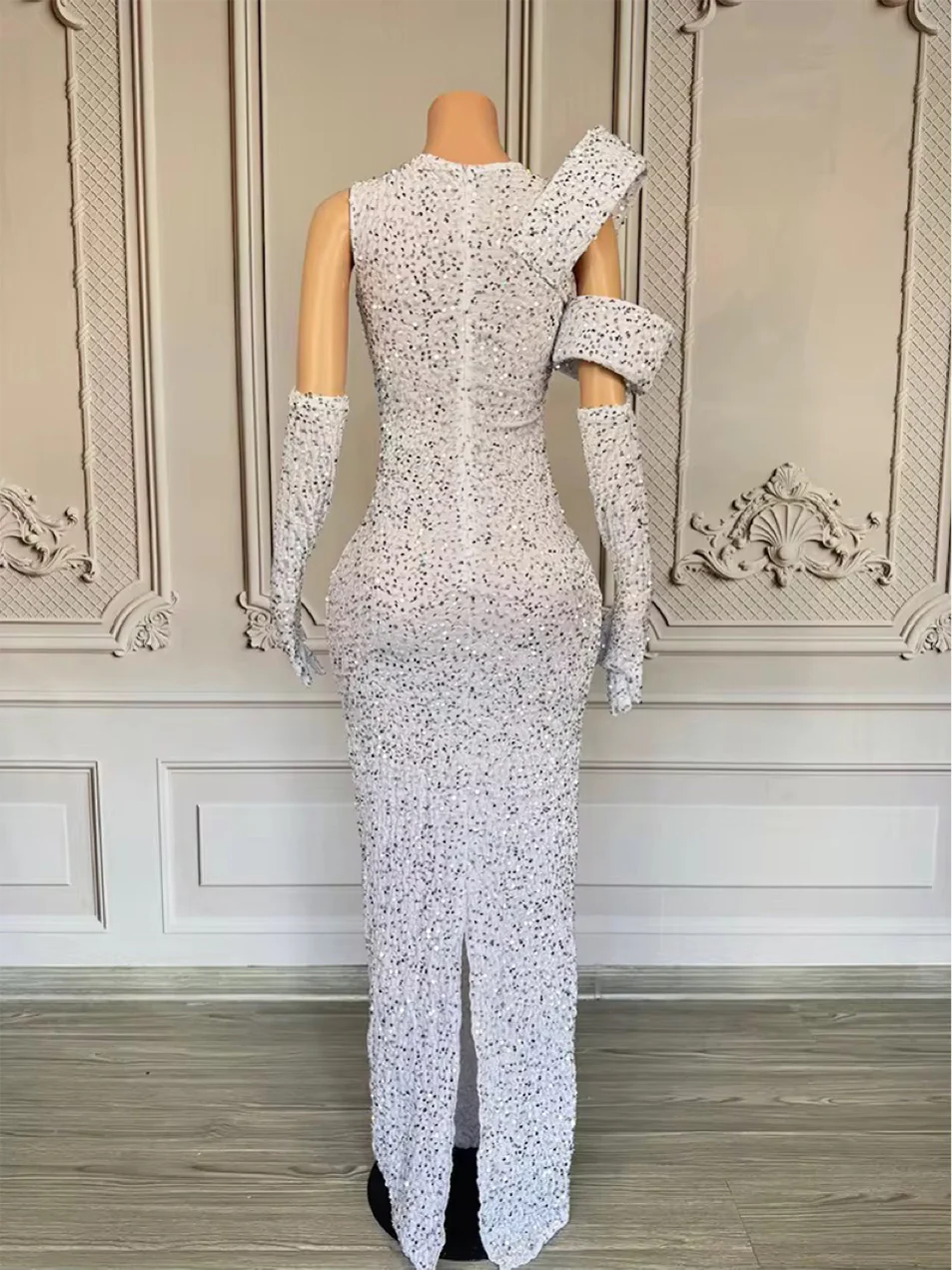 V Neck Rhinestone Mesh Maxi Evening Dress