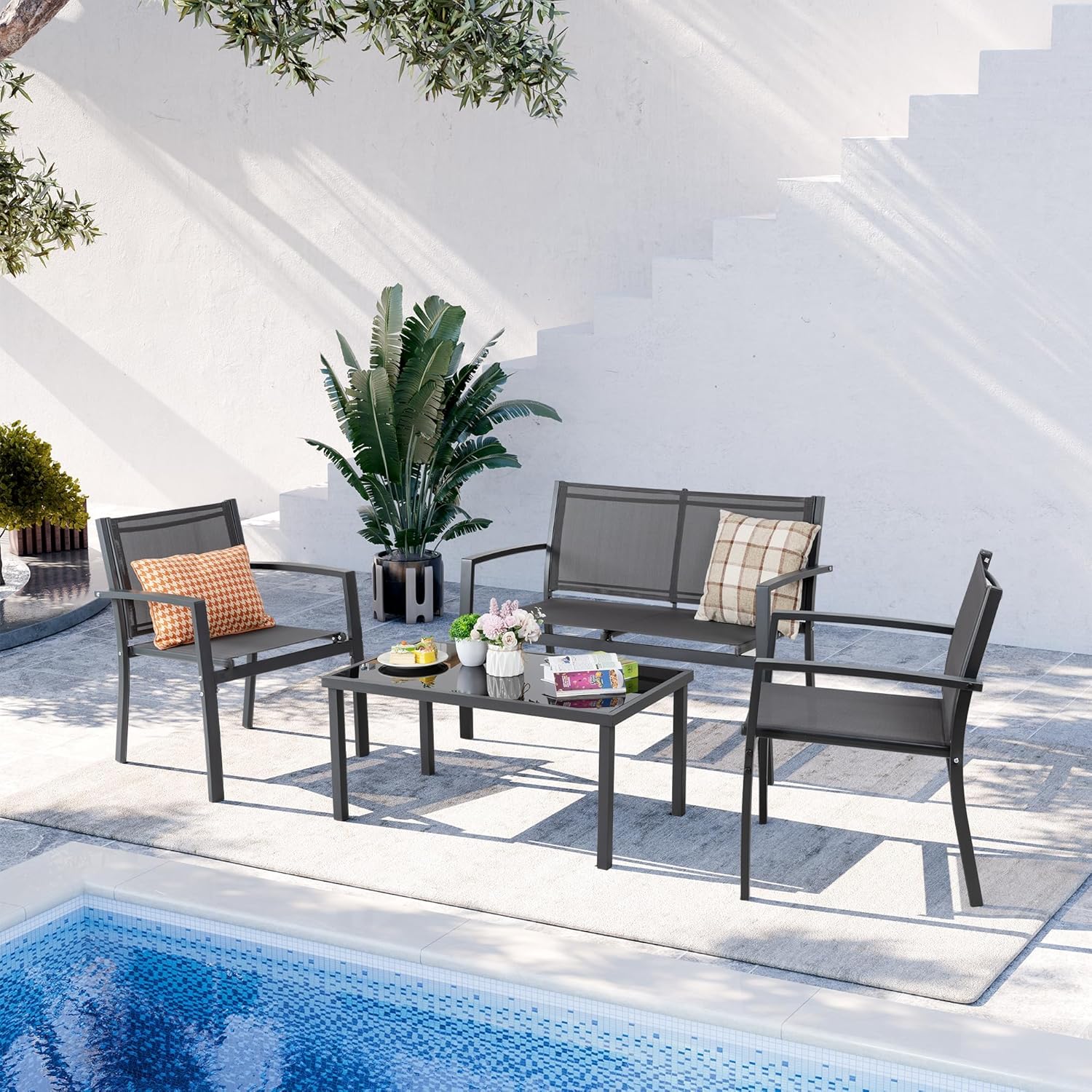 Shintenchi 4 Pieces Patio Furniture Set All Weather Textile Fabric Outdoor Conversation Set, with Glass Coffee Table, Loveseat, 2 Single Chairs for Home, Garden, Lawn, Porch��Gray��