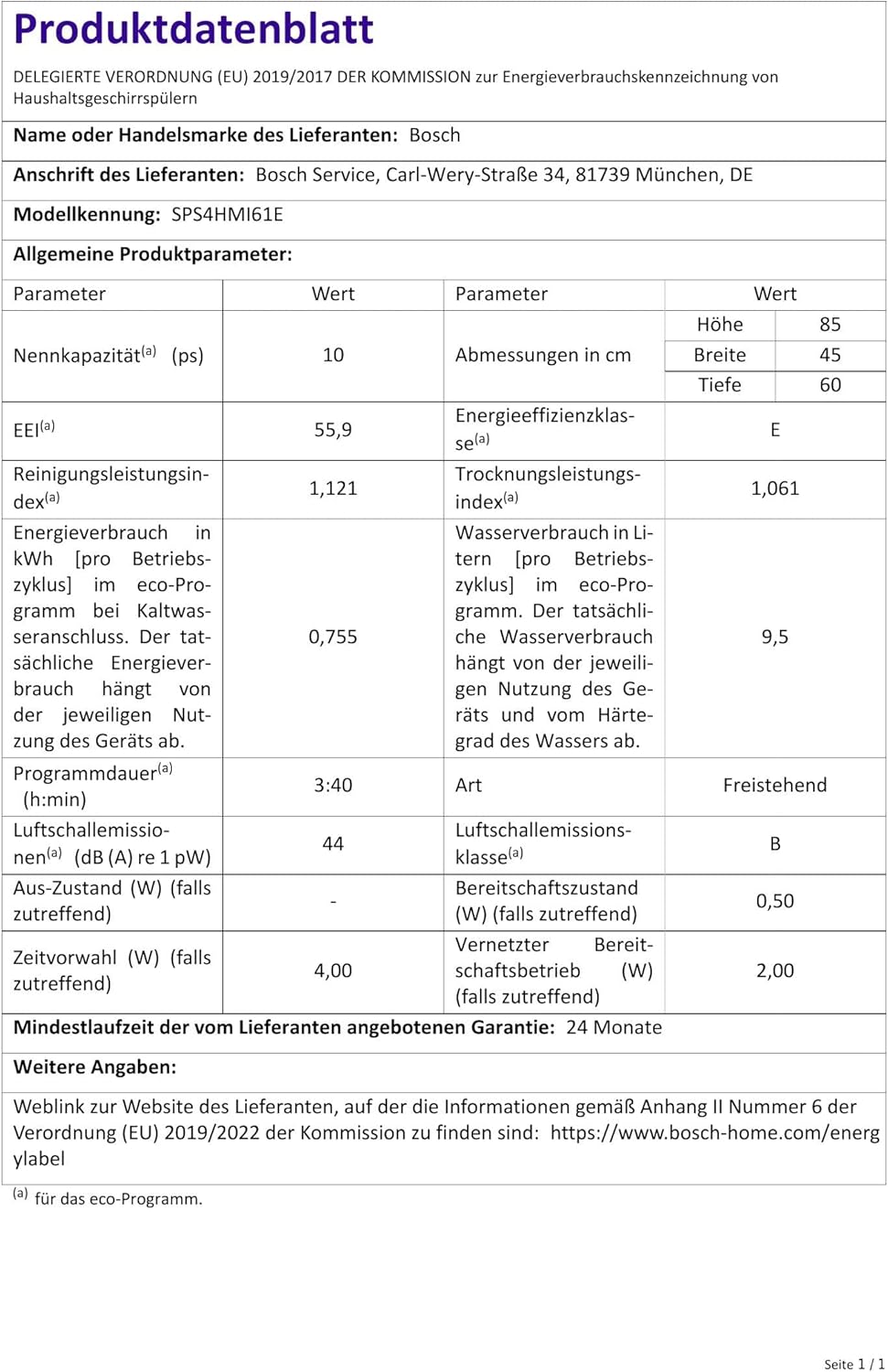 Bosch SPS4HMI61E Serie 4 Freistehender Geschirrspüler / E / 45 cm / Edelstahl / 76 kWh/100 Zyklen / 10 MGD / SuperSilence / Extra Trocknen / VarioSchublade / Home Connect
