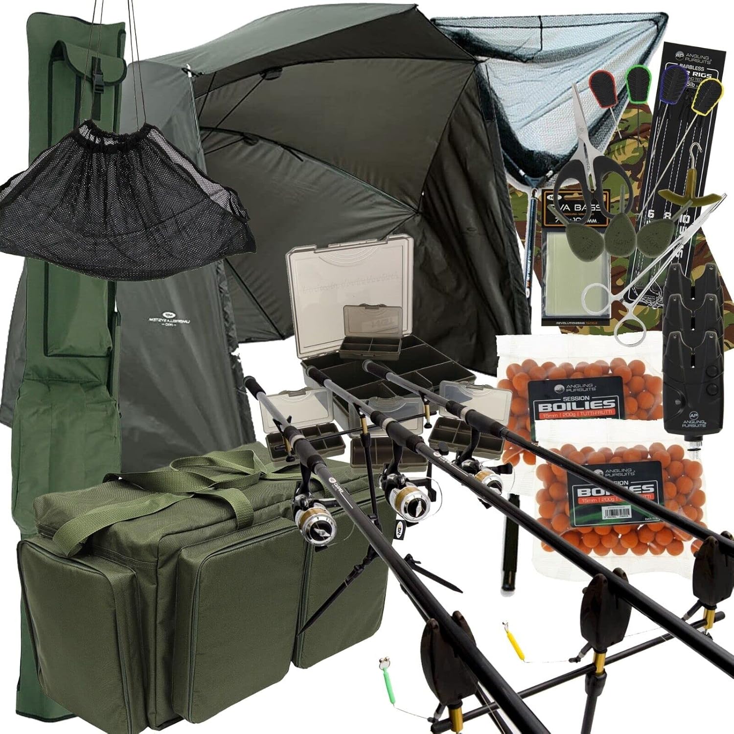 Karpfenangeln Setup 3 Stück 3,6 m 2/3 Ruten & Rollen Bissanzeiger Netz Pod Tragetasche Rutentasche Brolly & Tackle Komplettset