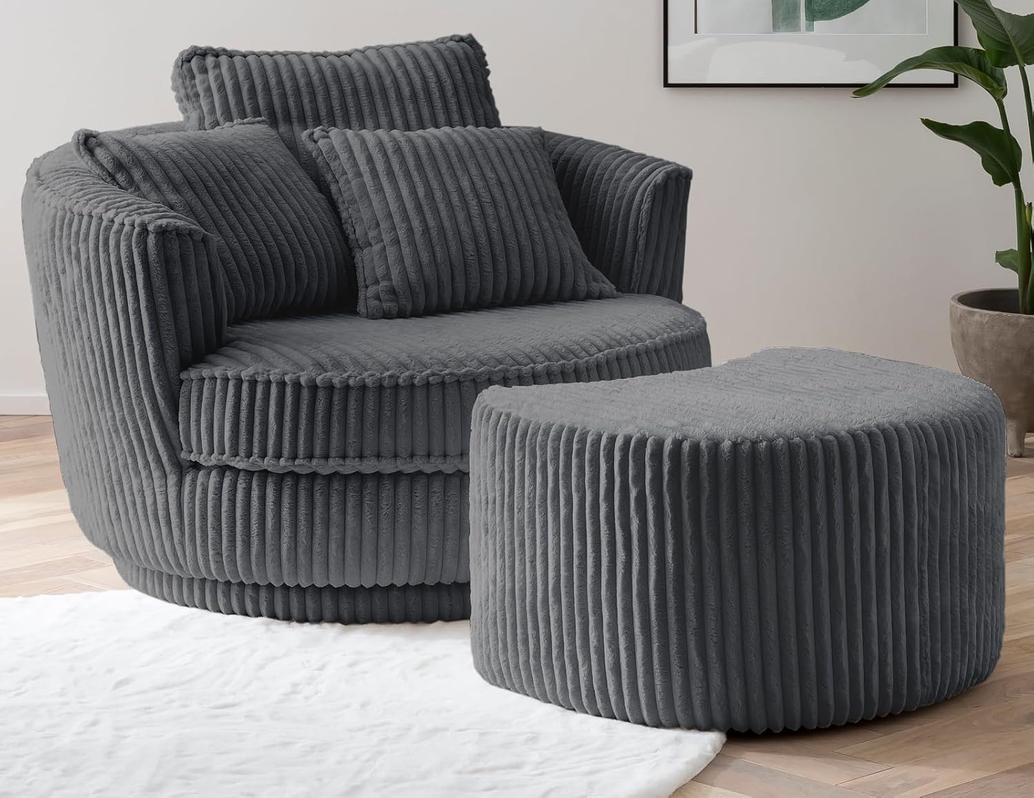 Sessel in grau Cord Stoff XL Drehsessel 360° drehbar inklusive 3 x Kissen Relaxsessel mit Fußhocker Comfy (Grau, Mit Hocker)