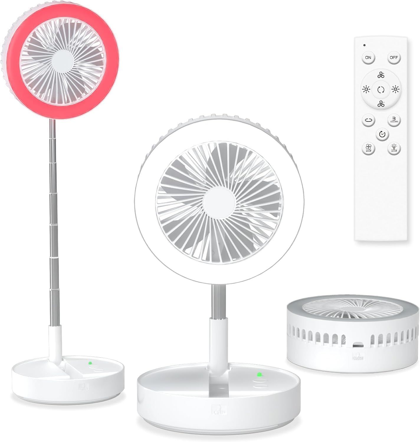 Rechargeable Oscillating Fan with LED Light & Remote - 8000mAh, Foldable for Home & Travel
