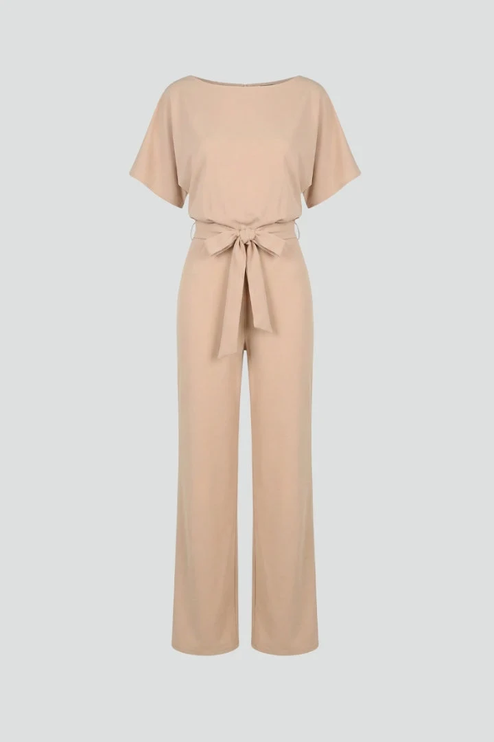 Damen Jumpsuit mit weitem Bein und G��rtel | Kurzarm Einteiler mit Rundhalsausschnitt | Flie?ender Hosenanzug f��r Damen