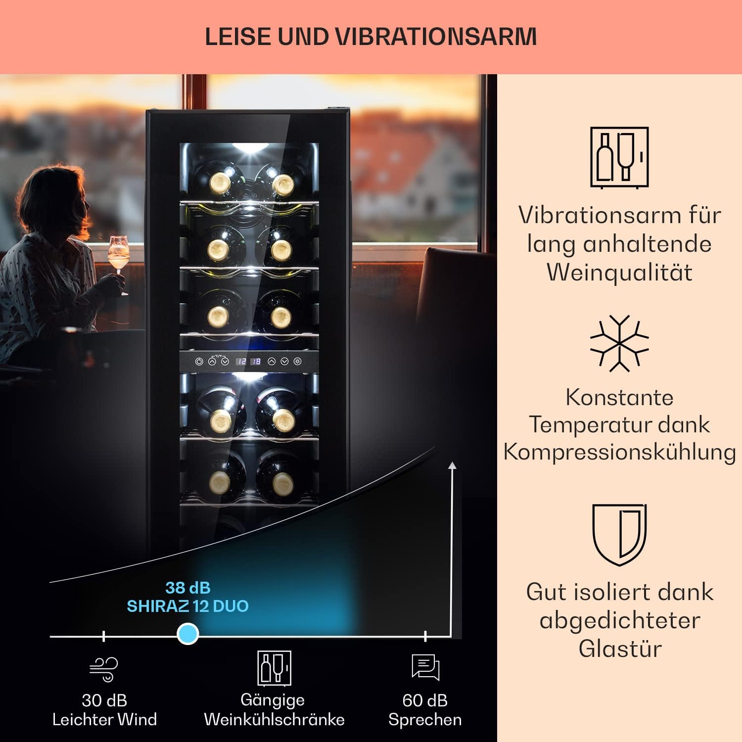 Klarstein Weinkühlschrank Freistehend, Kleiner Getränkekühlschrank Schmal, 2 Zonen Weinkühlschrank mit Glastür, Indoor/Outdoor Beersafe, Kühlschrank Klein mit UV-Schutz, 5-18°C, 12 Flaschen