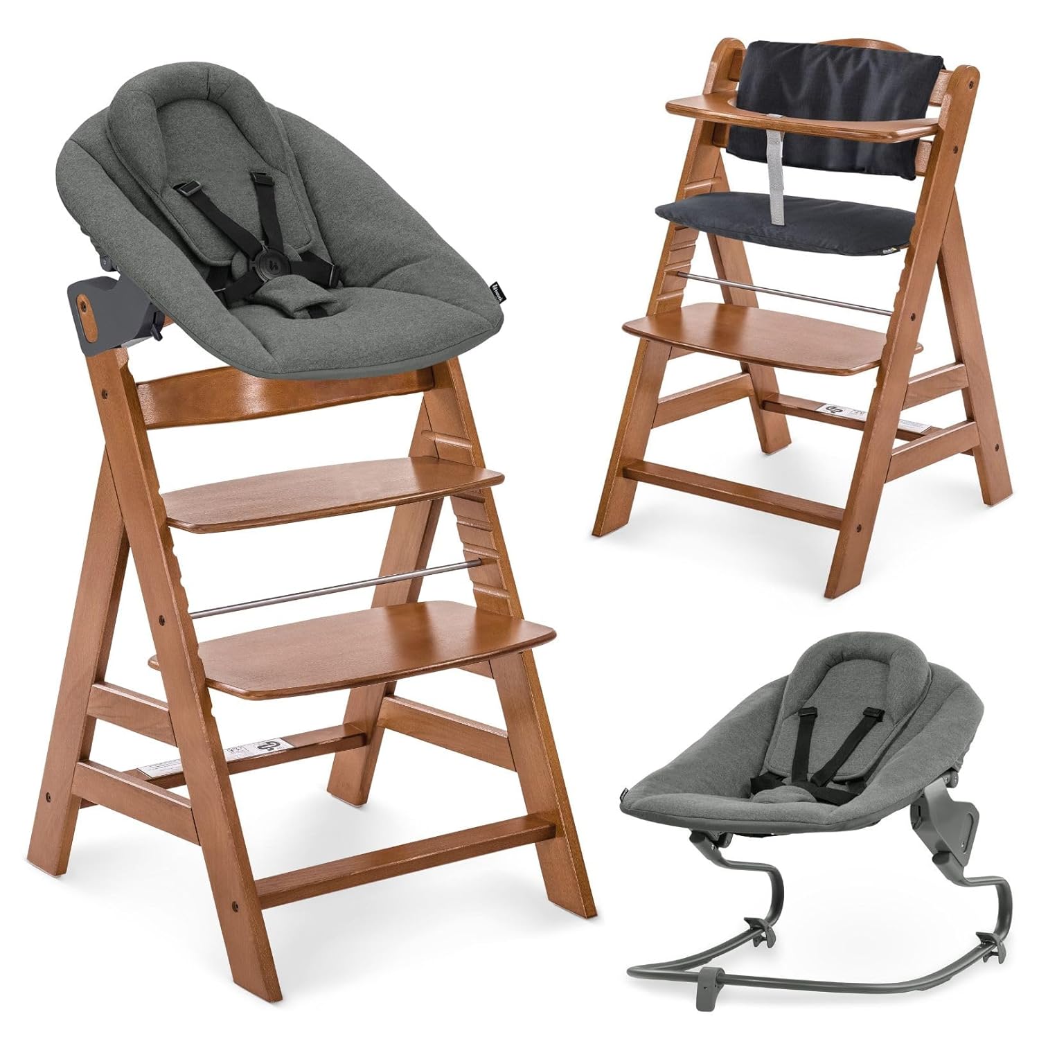 hauck Alpha+ Newborn Set mit Premium Bouncer Dark Grey - Baby Holz Hochstuhl ab Geburt mit Liegefunktion - extra flacher Aufsatz für Neugeborene & Sitzpolster - Walnuss