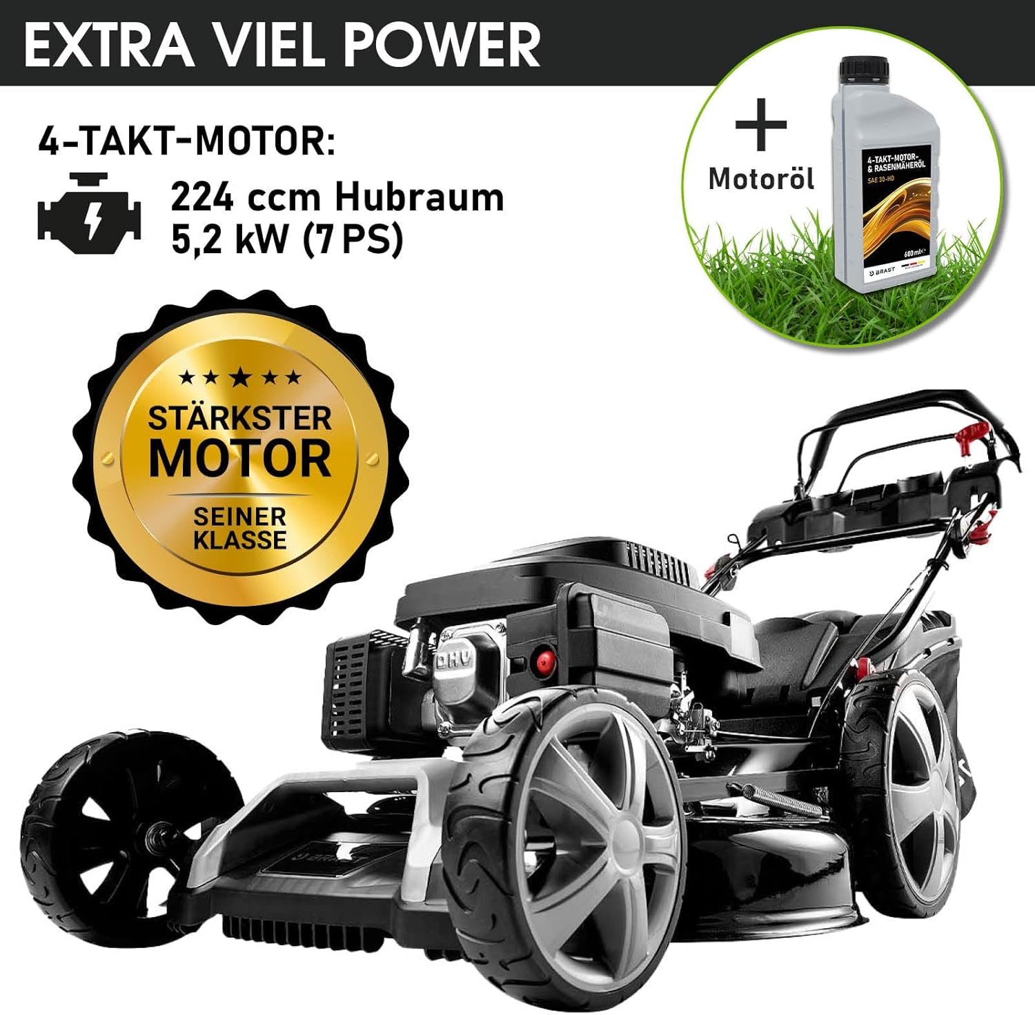 BRAST Benzin Rasenmäher mit Antrieb | 5,2kW (7PS) | 55cm Schnittbreite | viele Modelle | TÜV | 30-80mm Schnitthöhe | 60L Fangkorb | 4 Takt OHV Motor | Stahlgehäuse | Power